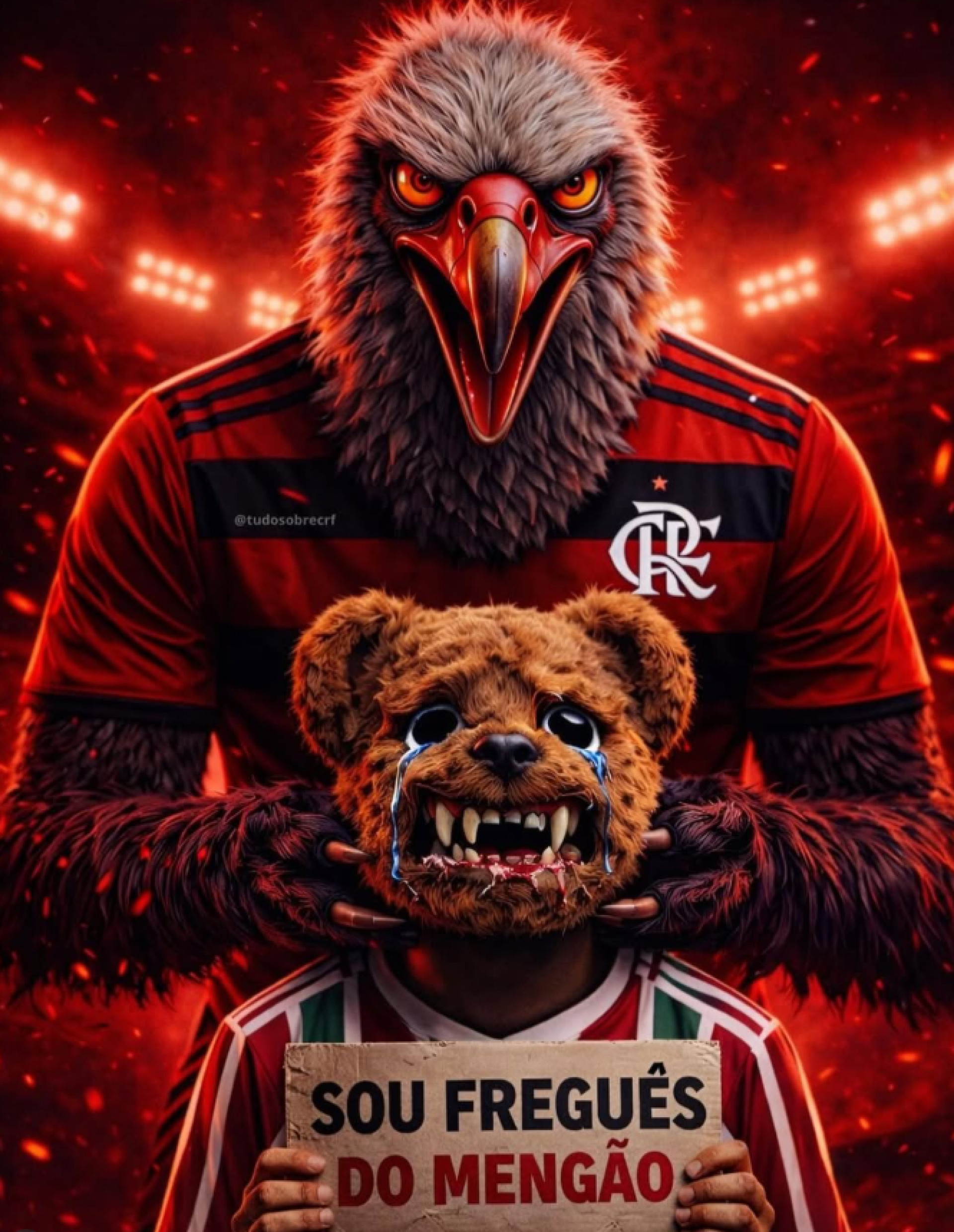 Montagem de um urubu, mascote do Flamengo, com um urso, animal que inspira a comemoração de John Kennedy - Reprodução / Instagram