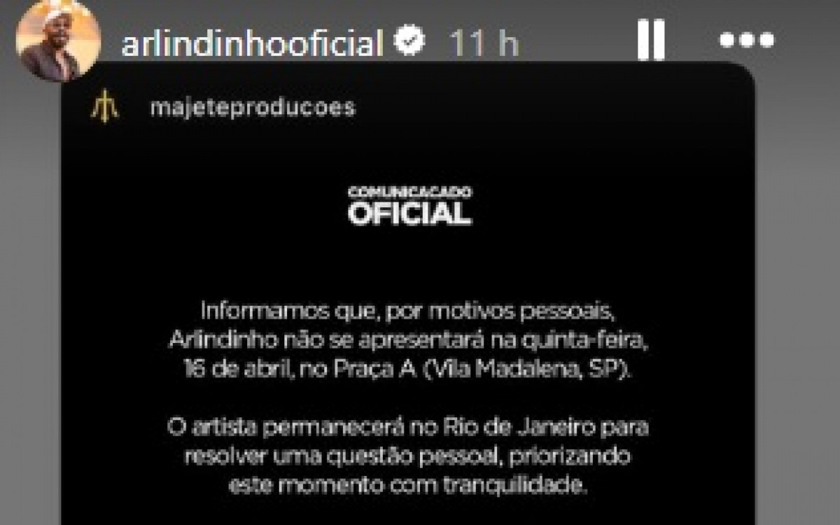 Arlindinho cancela show ap&oacute;s interna&ccedil;&atilde;o de Erika Januza 