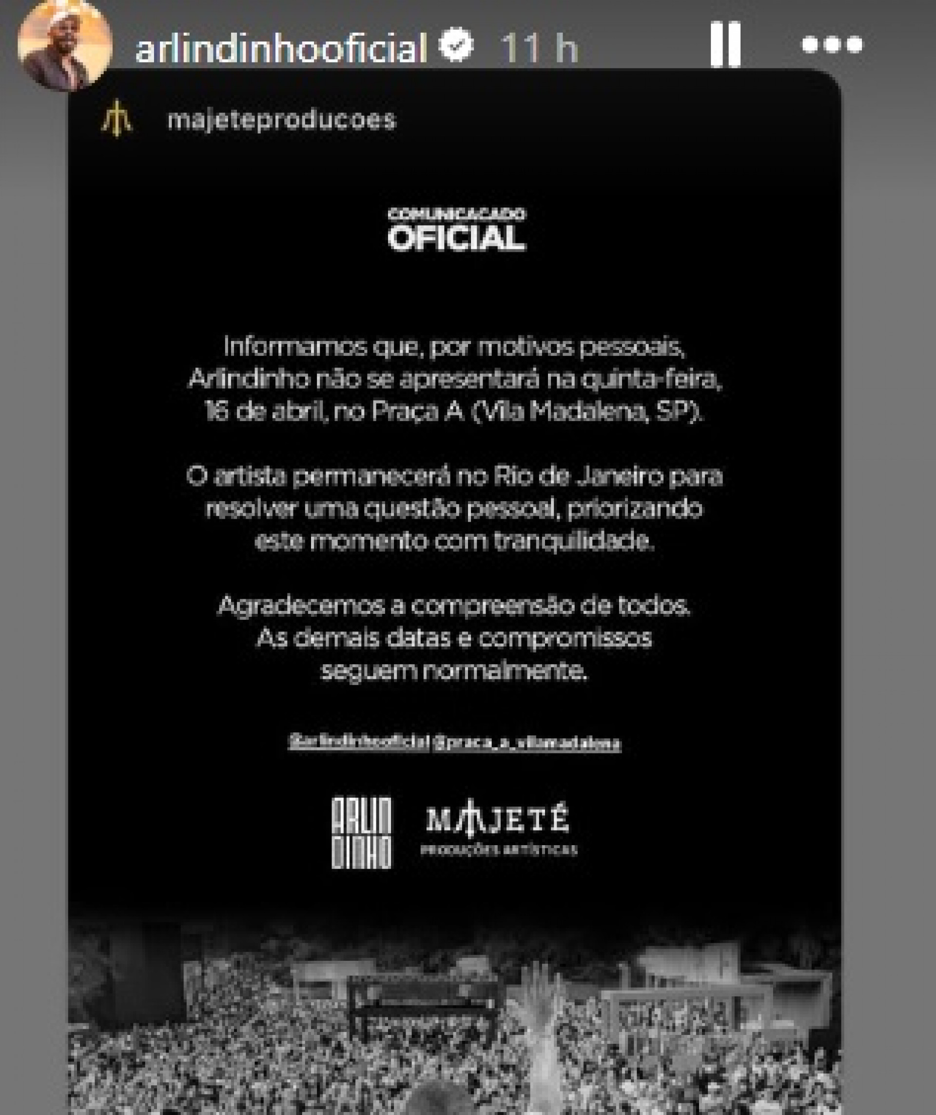 Arlindinho cancela show após internação de Erika Januza - Reprodução do Instagram