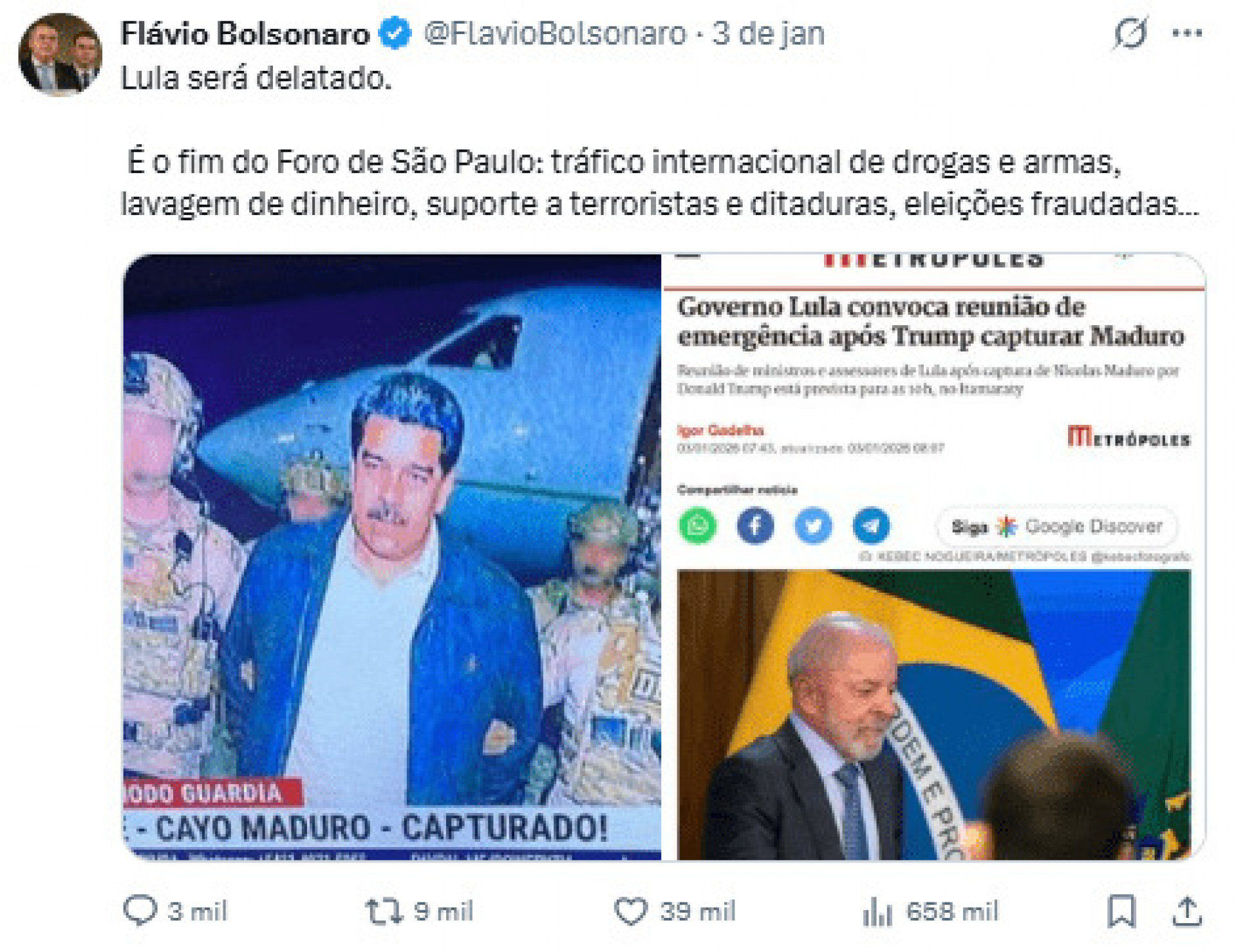 Publica&ccedil;&atilde;o feita em 3 de janeiro por Fl&aacute;vio Bolsonaro - Reprodu&ccedil;&atilde;o / X