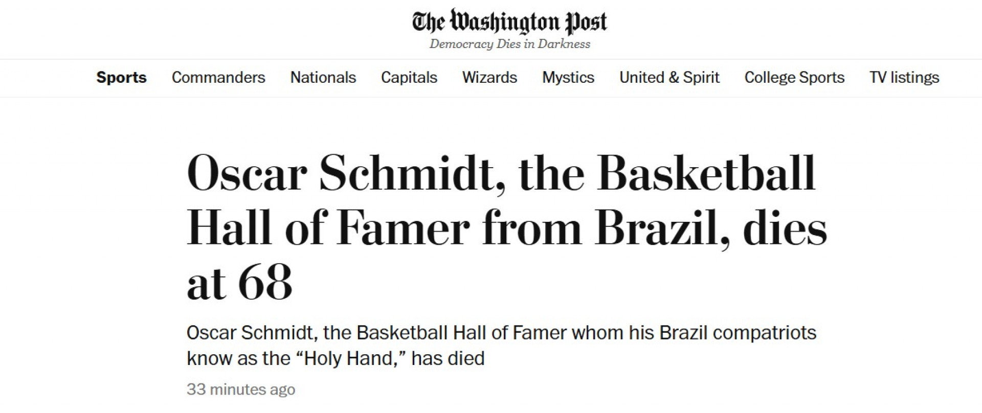 Imprensa internacional repercute a morte de Oscar Schmidt - Reprodu&ccedil;&atilde;o/Washington Post