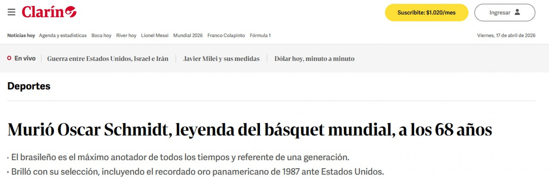 Imprensa internacional repercute a morte de Oscar Schmidt - Reprodu&ccedil;&atilde;o/Clar&iacute;n