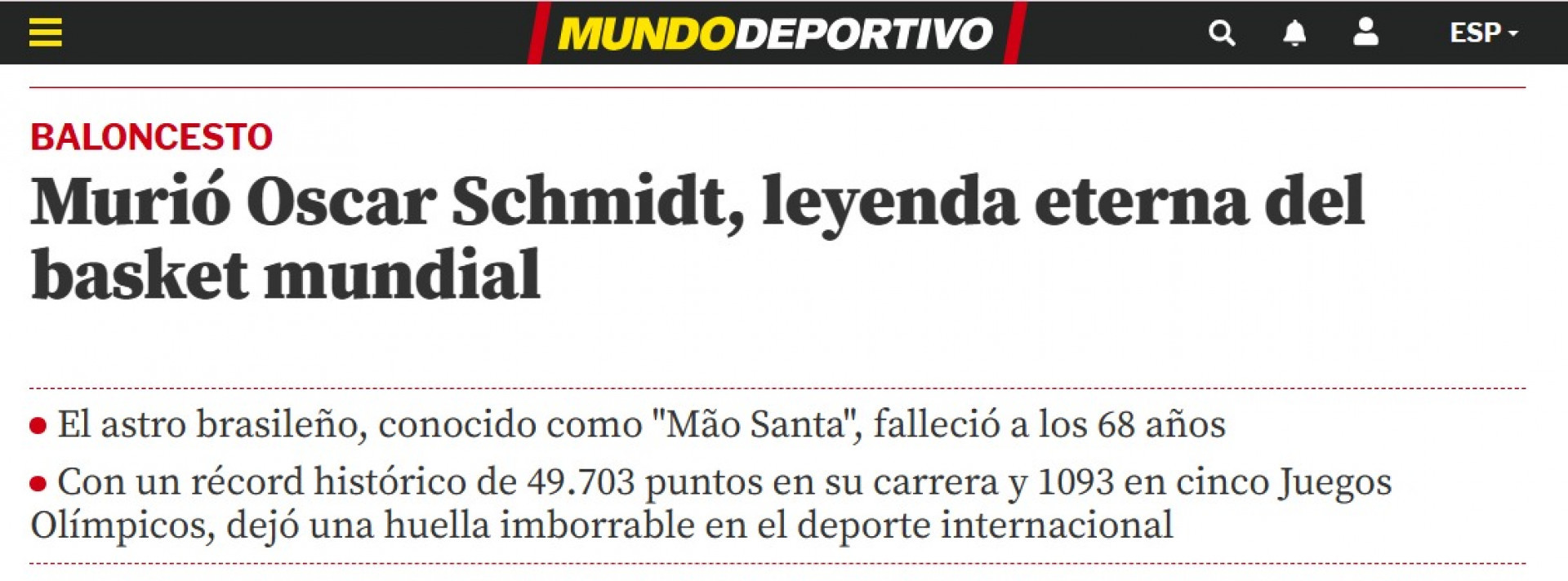 Imprensa internacional repercute a morte de Oscar Schmidt - Reprodu&ccedil;&atilde;o/Mundo Deportivo