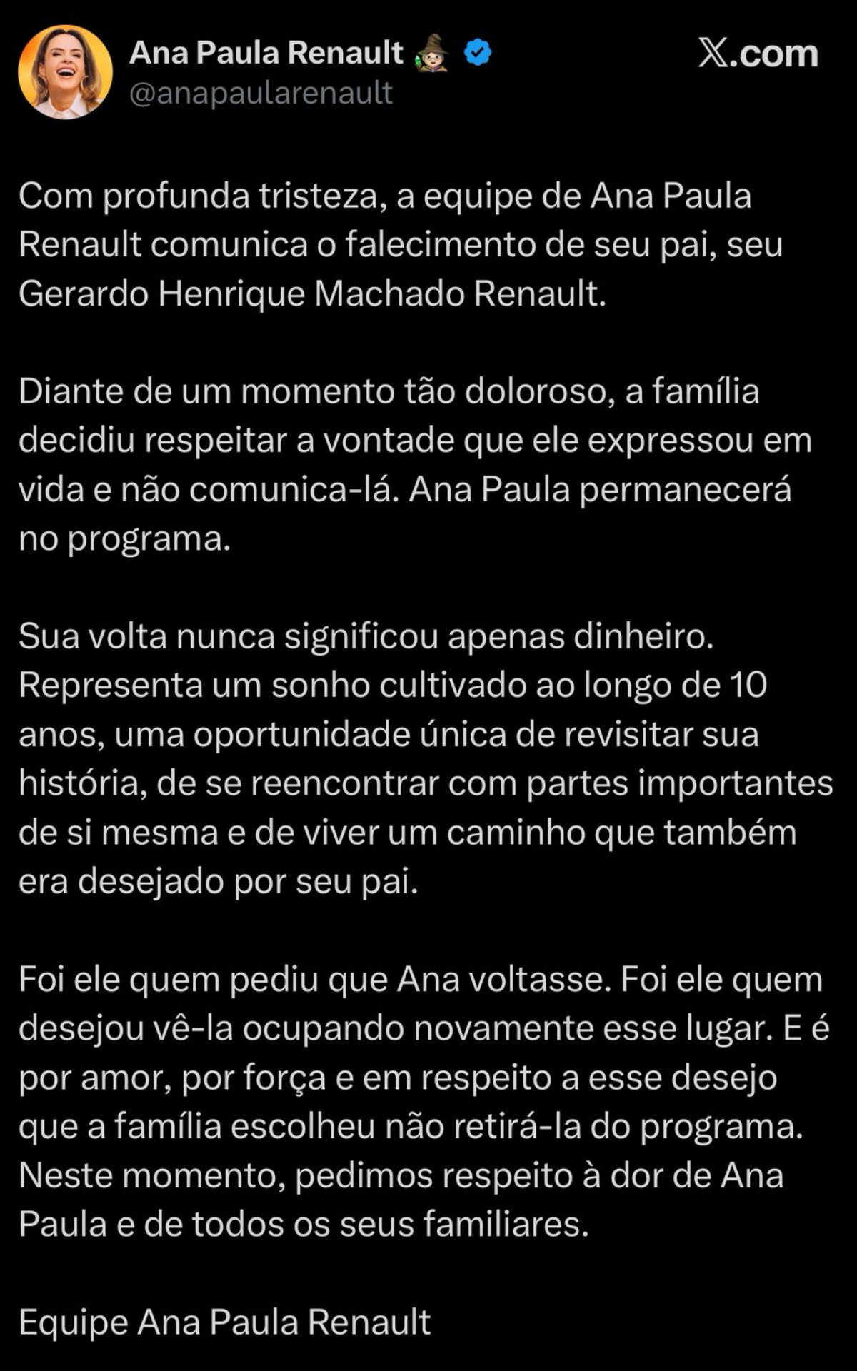 Perfil Oficial da Ana Paula Renault posta comunicado de falecimento de Gerardo Renault, em perfil do X - Reprodução / X