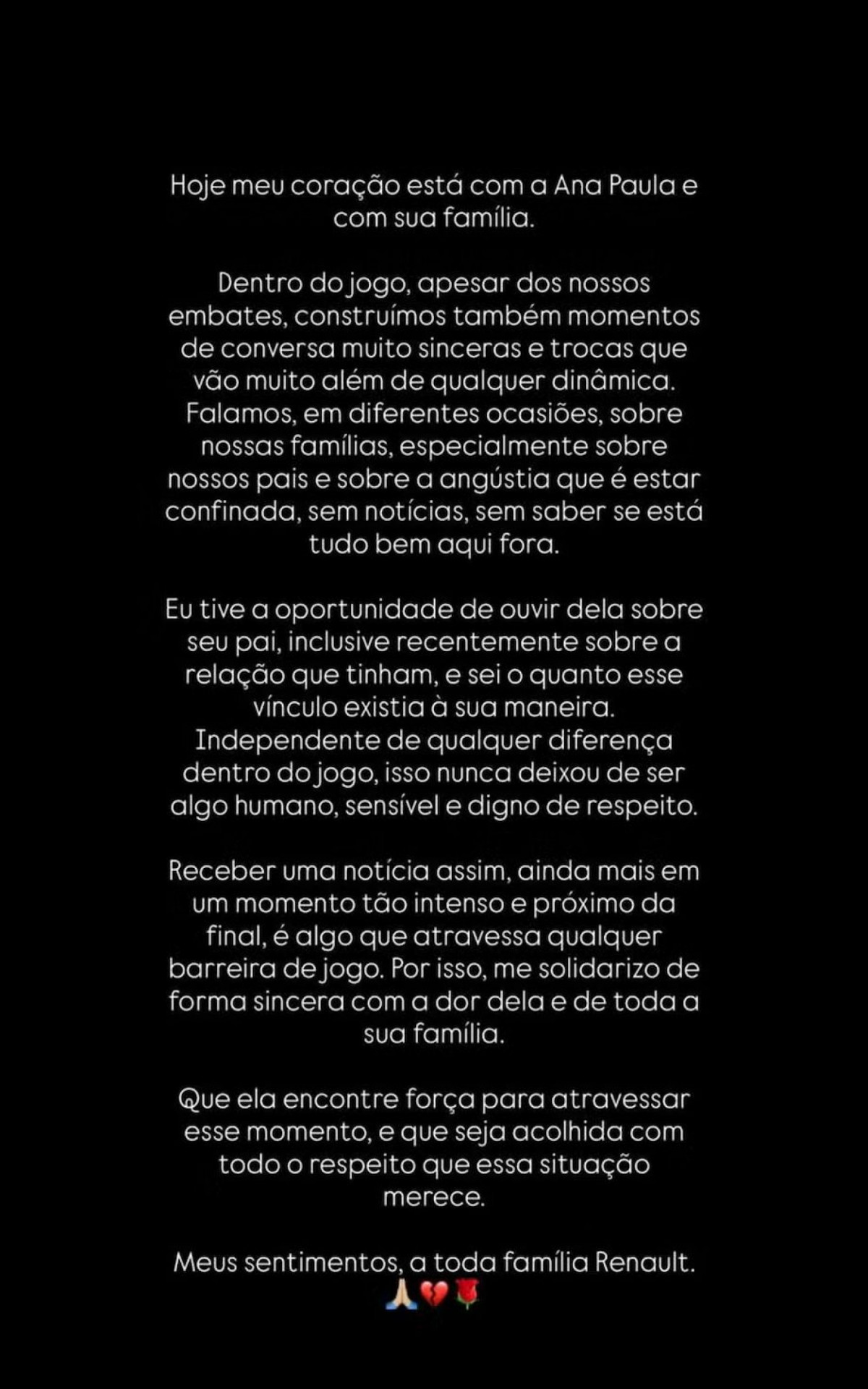Ex-BBB Jordana comenta sobre falecimento do pai de Ana Paula Renault, Gerardo Renault. - Reprodução / Instagram