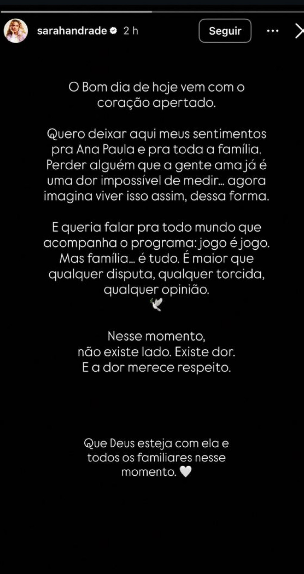 Ex-BBB Sarah Andrade comenta sobre falecimento do pai de Ana Paula Renault, Gerardo Renault. - Reprodu&ccedil;&atilde;o / Instagram