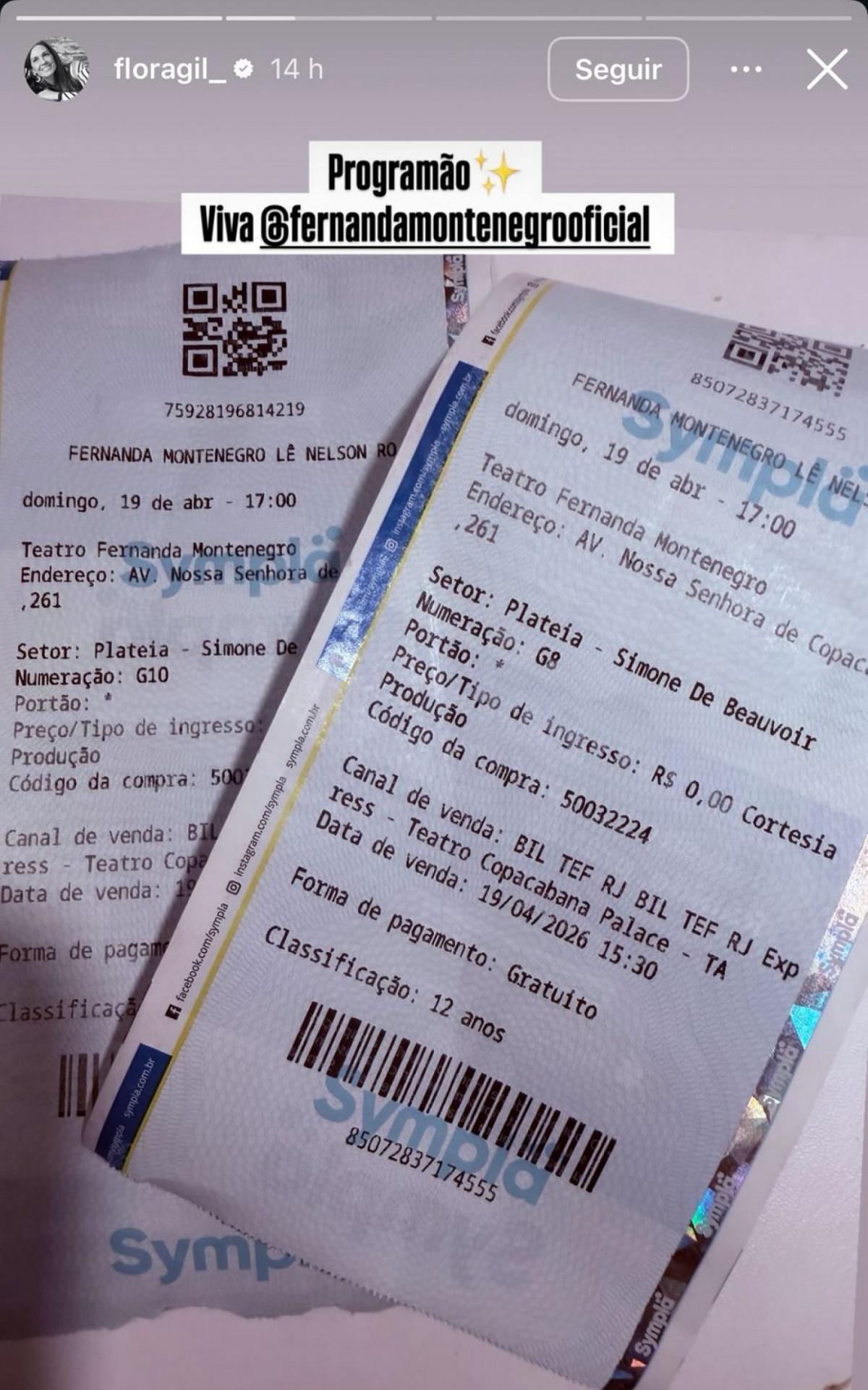Ingressos de Flora Gil e Gilberto Gil para 'Fernanda Montenegro lê Simone de Beauvoir' - Reprodução / Instagram