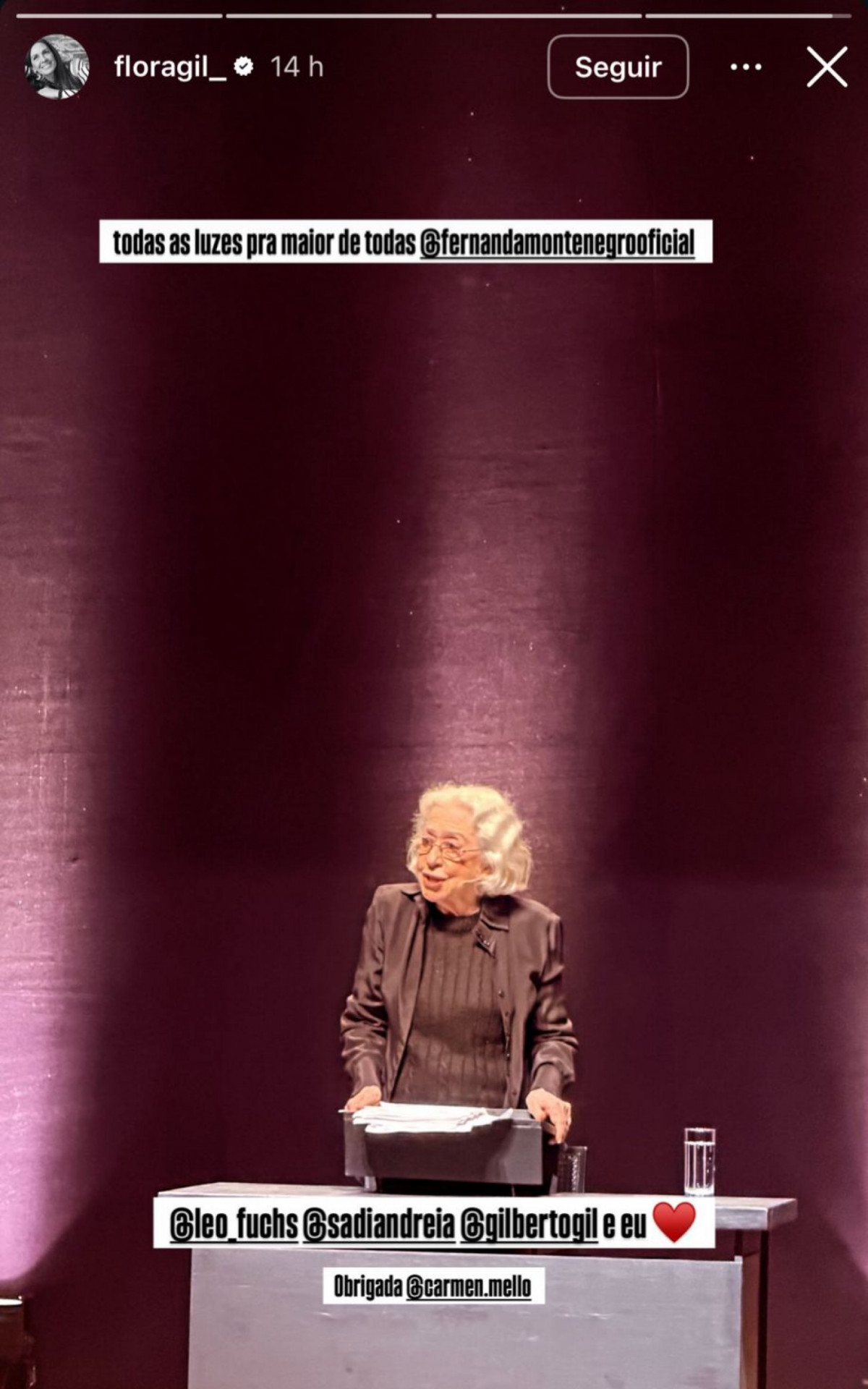 Fernanda Montenegro no story de Flora Gil - Reprodução / Instagram