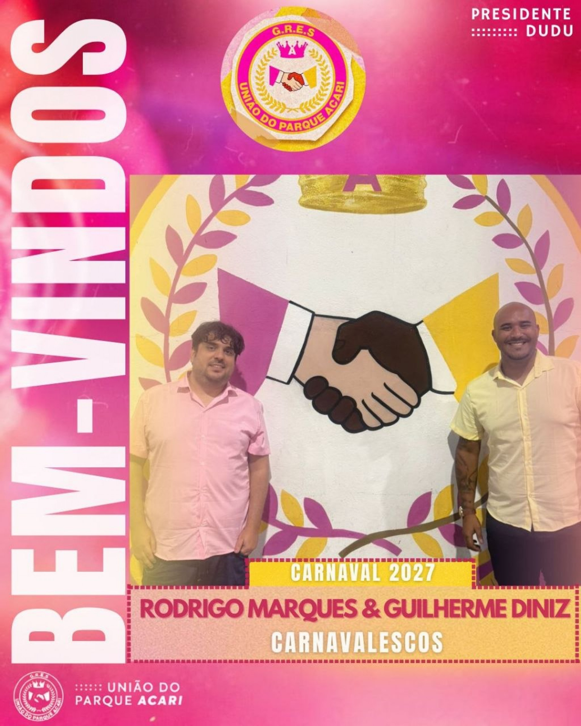 Dupla de carnavalescos, Rodrigo Marques e Guilherme Diniz, anunciados na escola Uni&atilde;o do Parque Acari - Uni&atilde;o do Parque Acari 