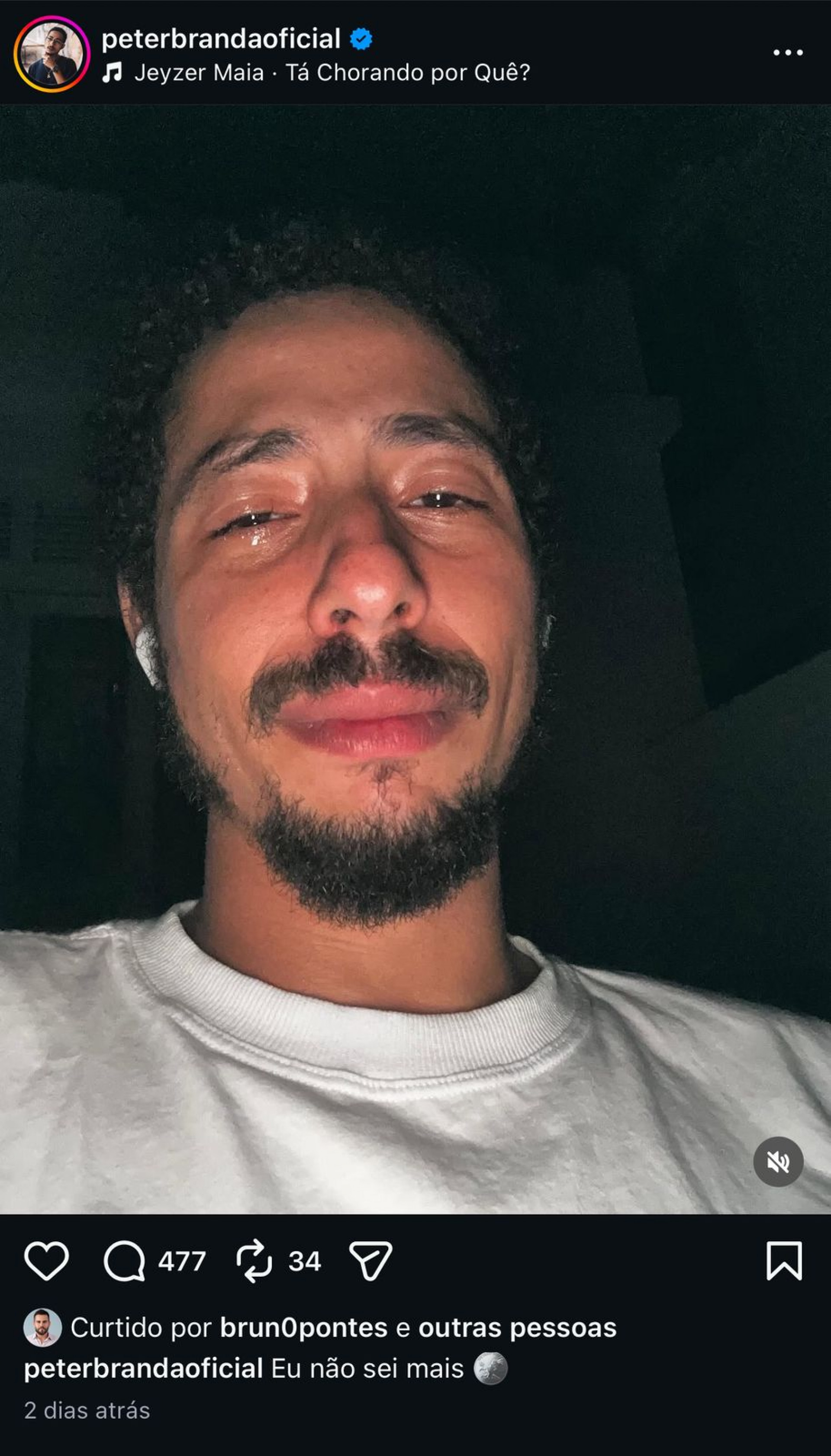 Peter Brandão posta foto chorando no Instagram - Reprodução / Instagram