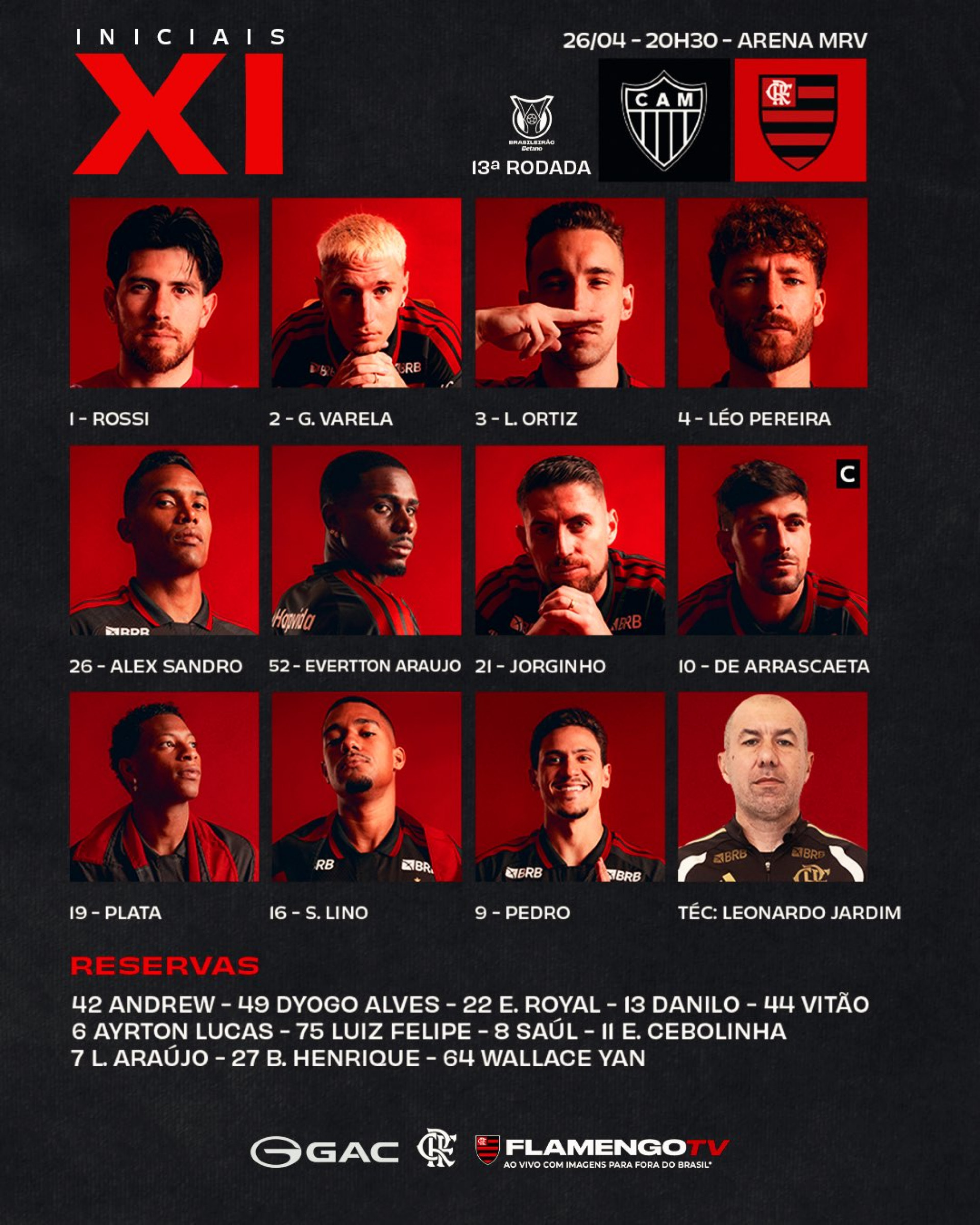 Em busca de mais uma vitória, Flamengo está escalado para encarar o Atlético-MG