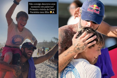 Filho de Luana Piovani e Pedro Scooby vence competição de surfe e emociona pais
