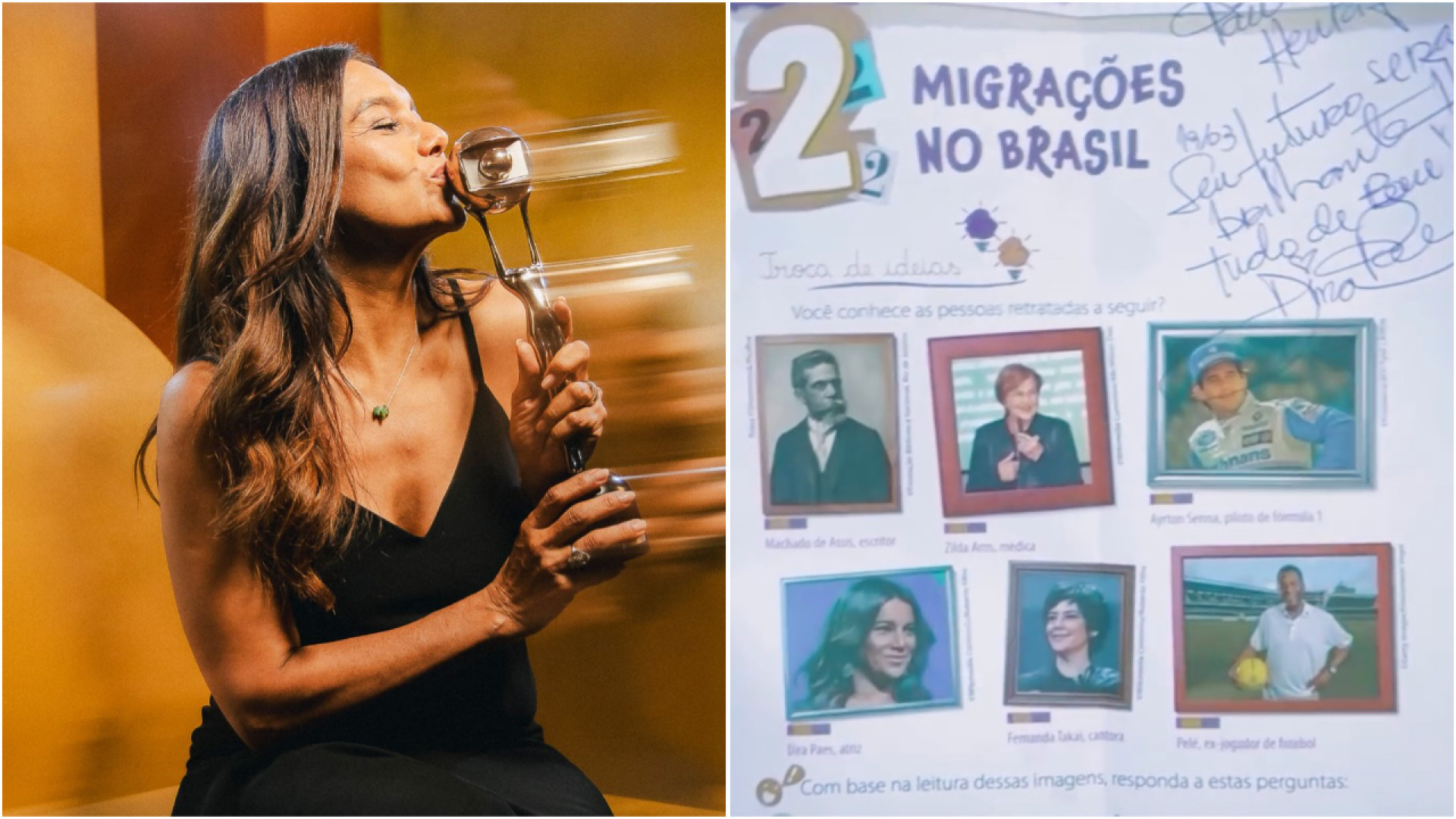 Dira Paes se emociona com foto em livro escolar: 'Que sorte a minha'