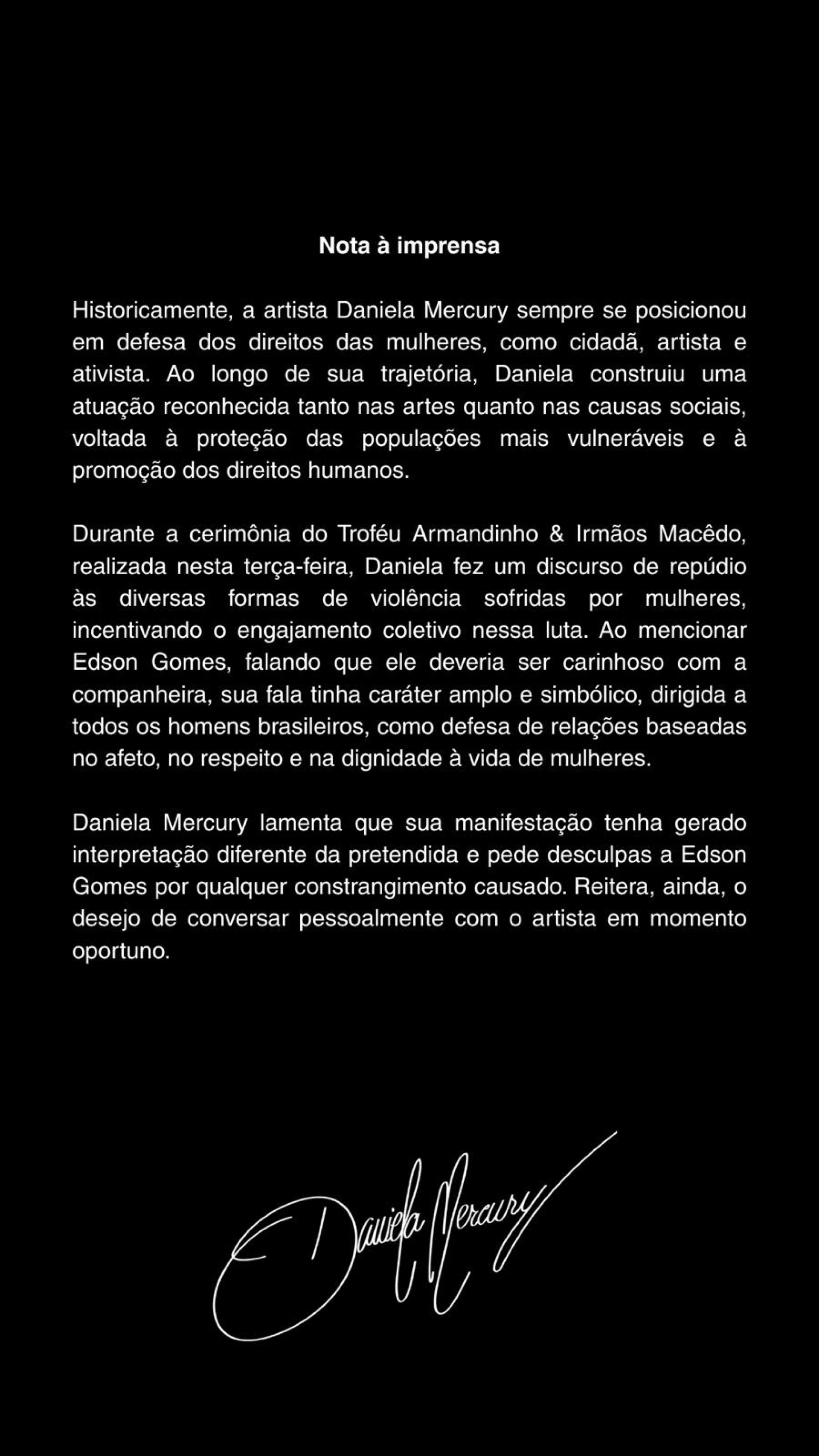 Nota divulgada pela equipe de Daniela Mercury - Reprodu&ccedil;&atilde;o/X