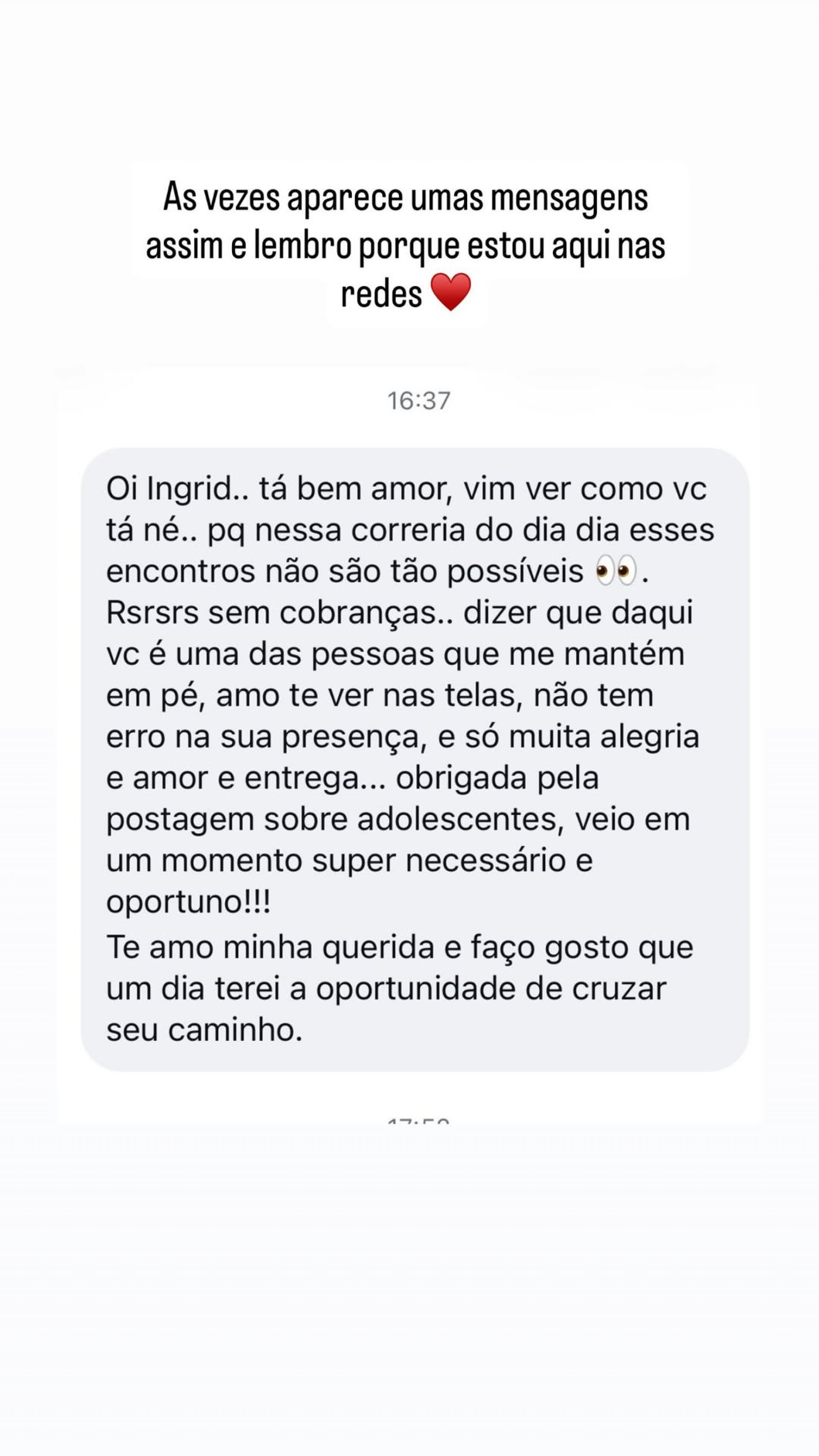 Fã enviou mensagem de carinho para Ingrid Guimarães  - Reprodução/Instagram