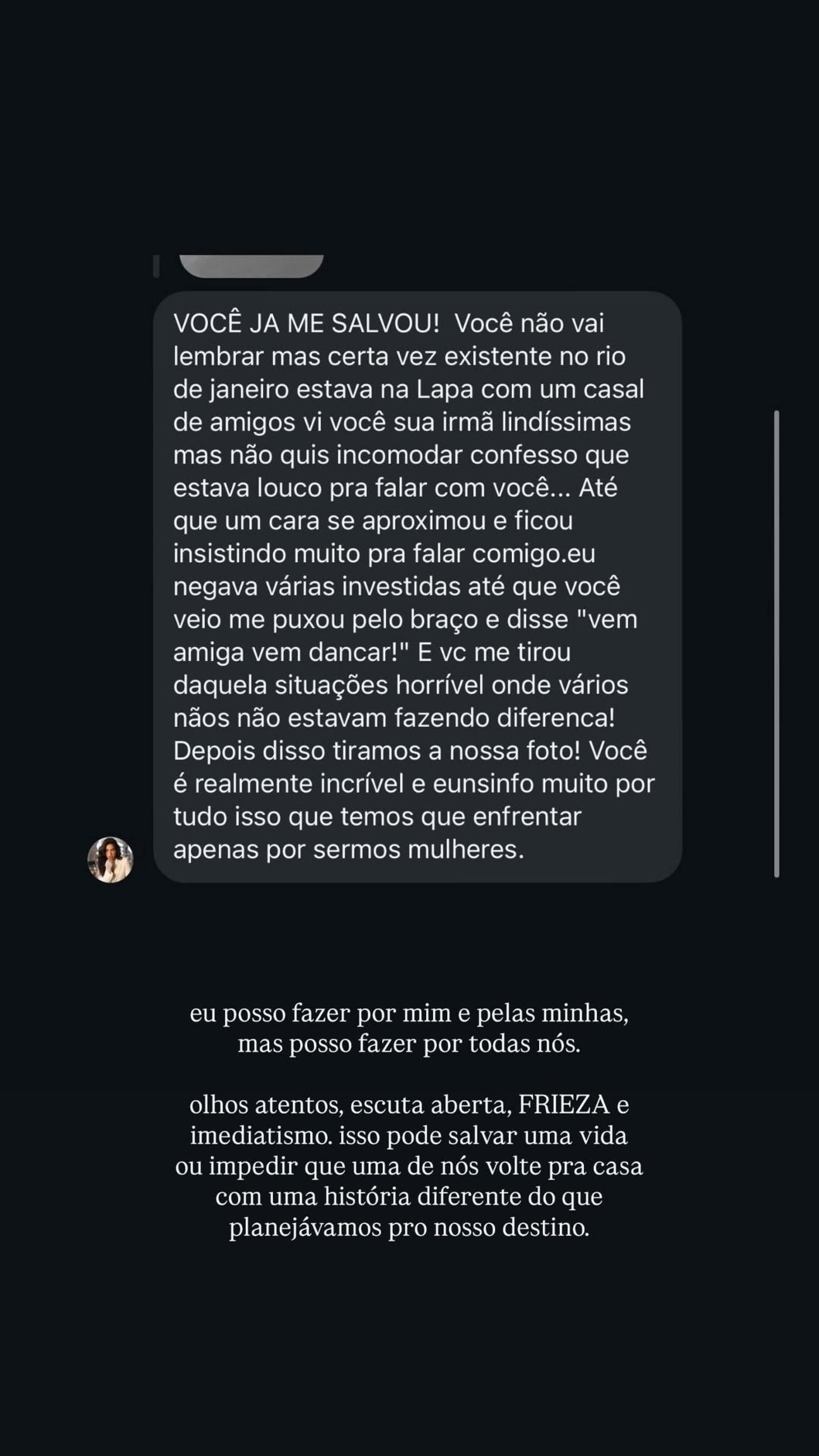 Internauta agradeceu Giovana Cordeiro por ajuda em episódio de assédio  - Reprodução/Instagram