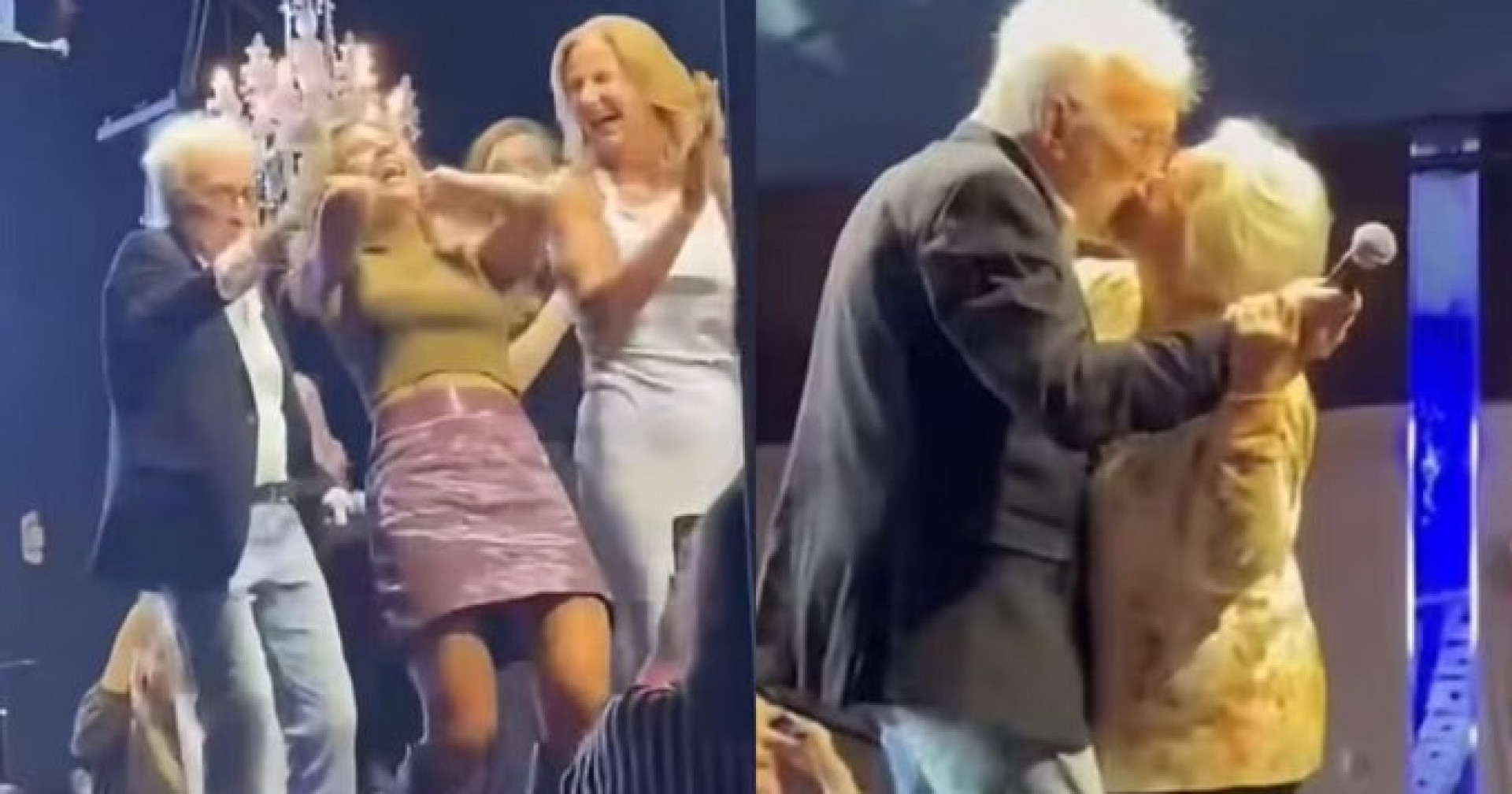 Moacyr Franco causa polêmica ao beijar mulher e puxar cabelo de fã em show