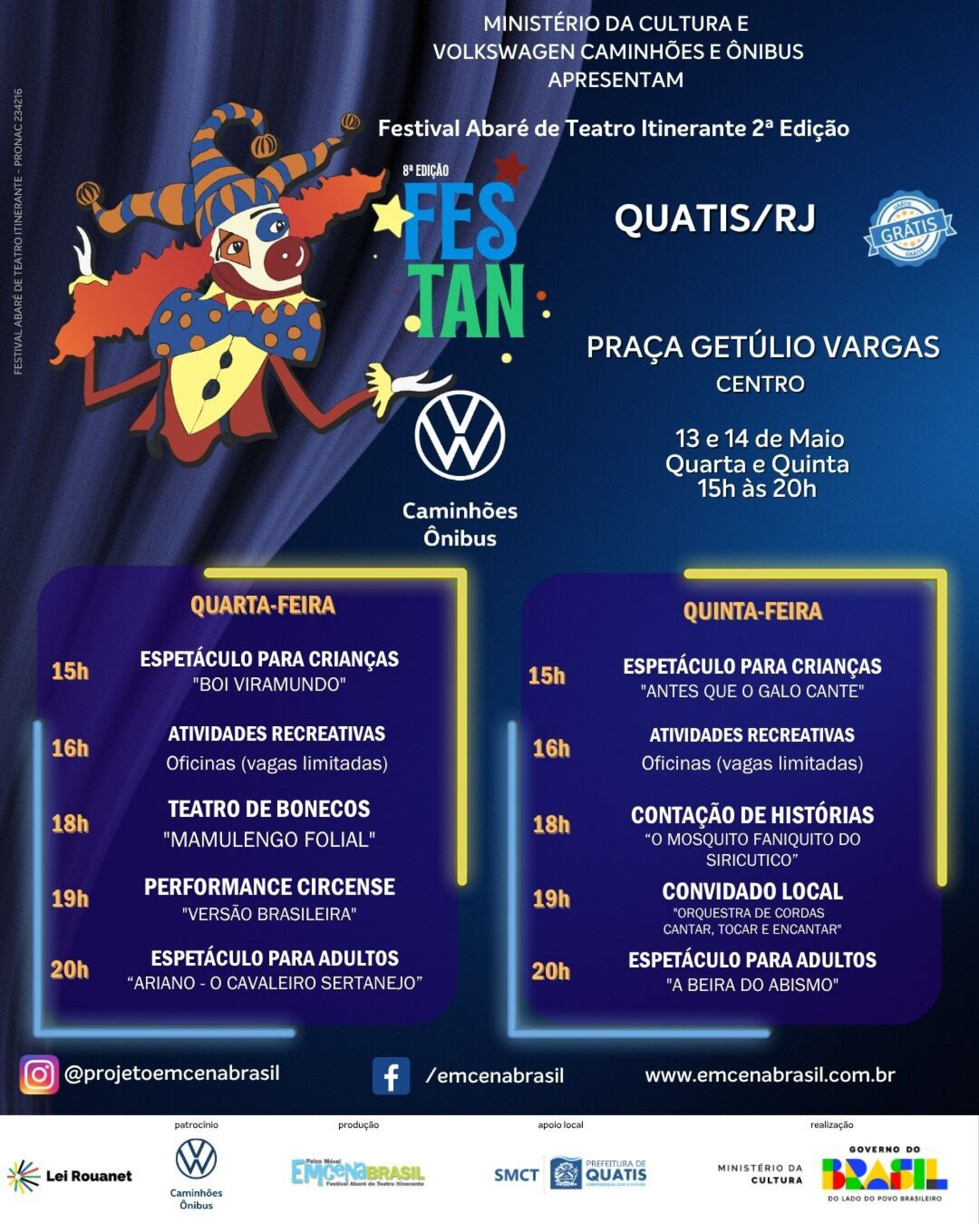 Festival de teatro itinerante retorna a Quatis com programação gratuita para todas as idades