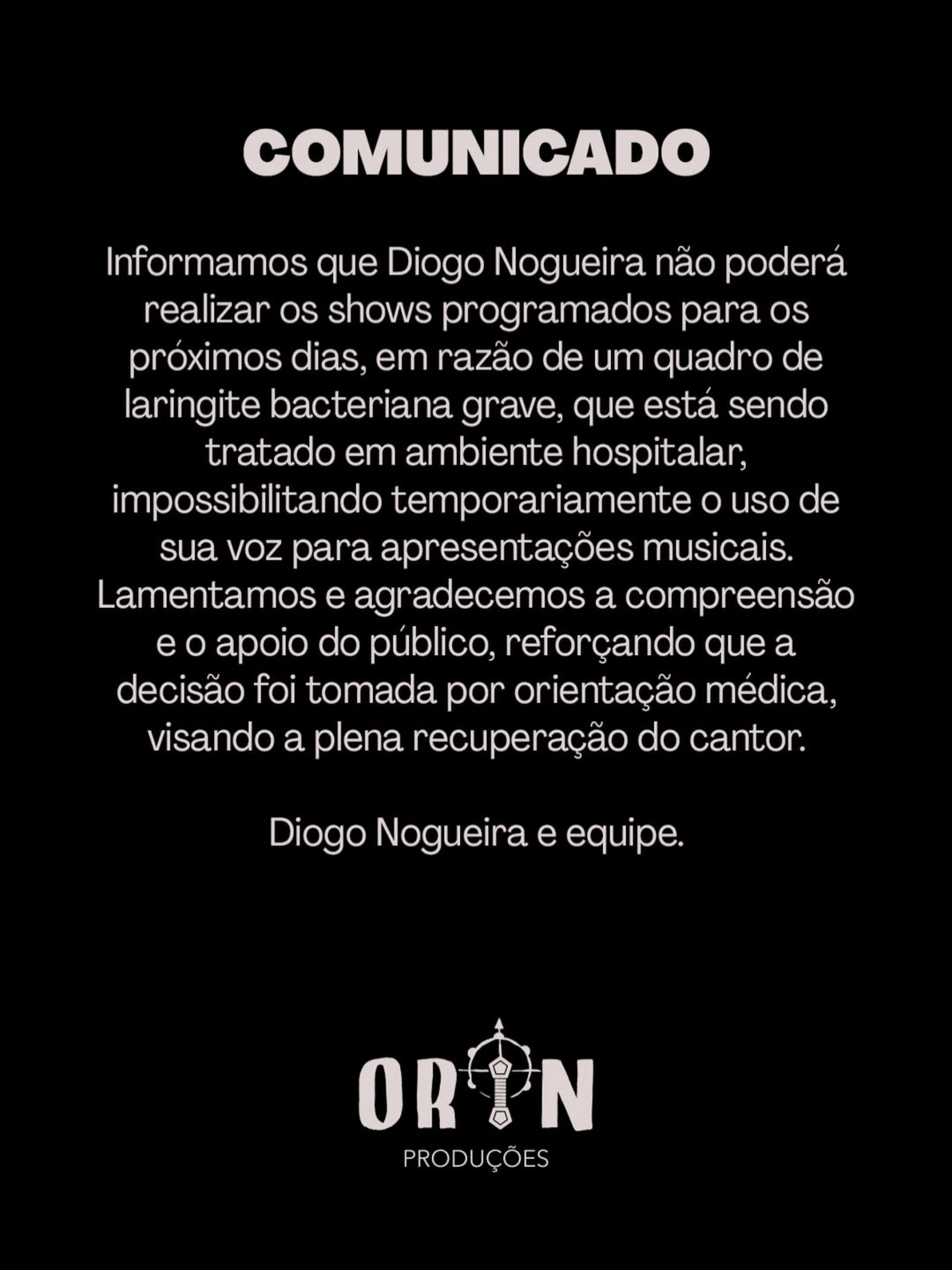 Comunicado publicado nas redes sociais de Diogo Nogueira - Reprodução/Instagram