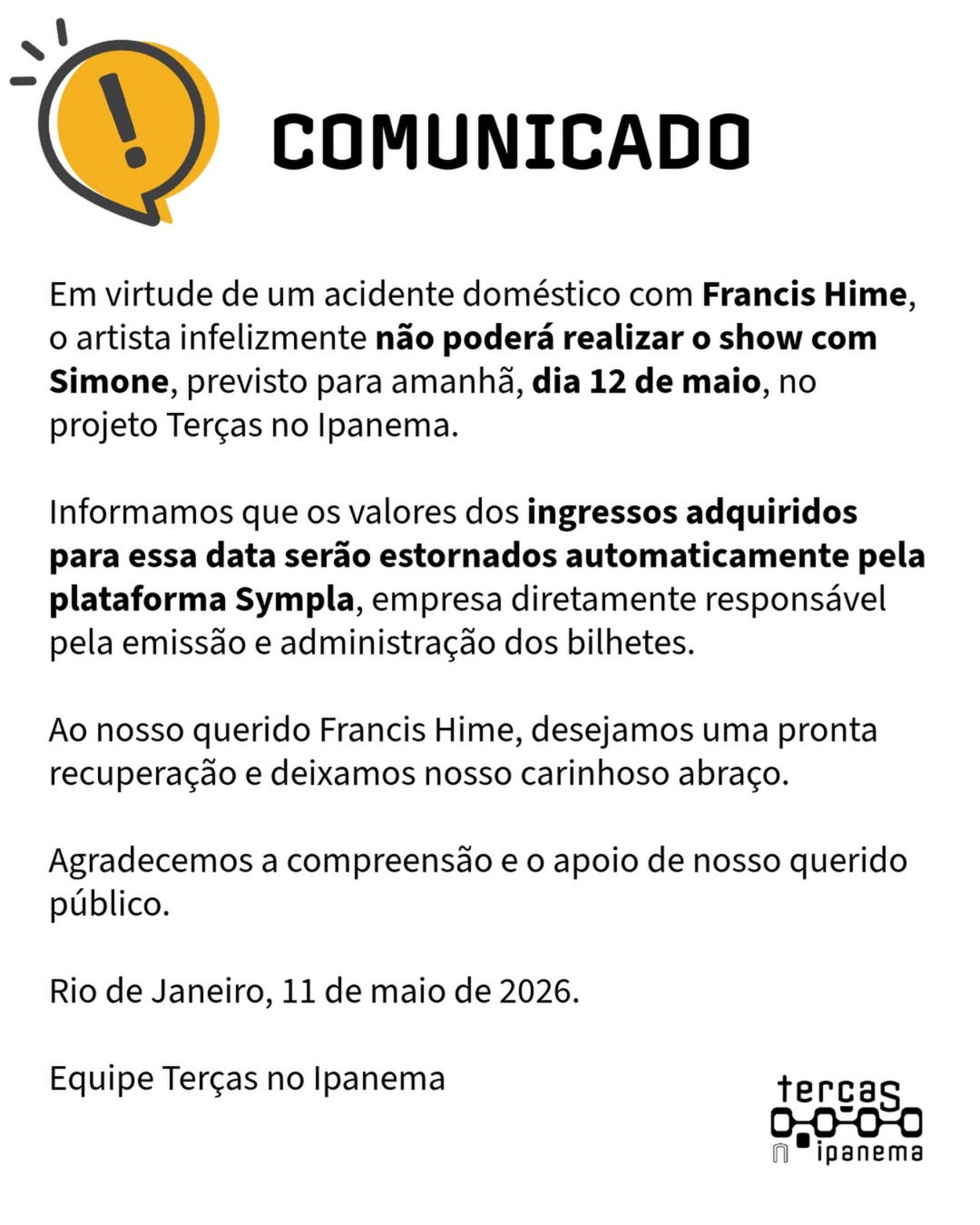 Teatro Ipanema Rubens Corrêa anunciou cancelamento do show de Francis Hime - Reprodução/Instagram