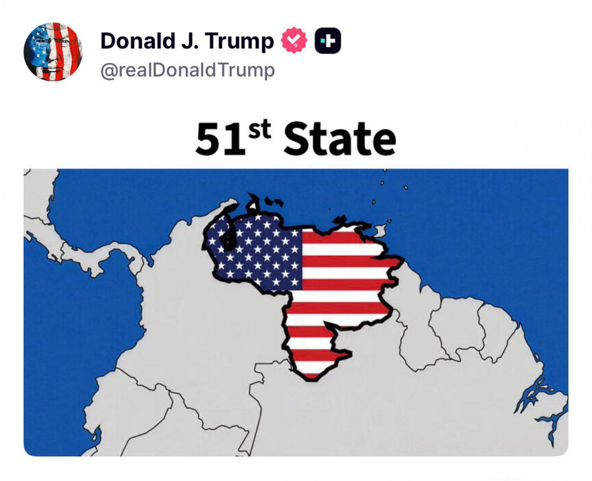 Trump publica imagem da Venezuela como 51º estado dos EUA
