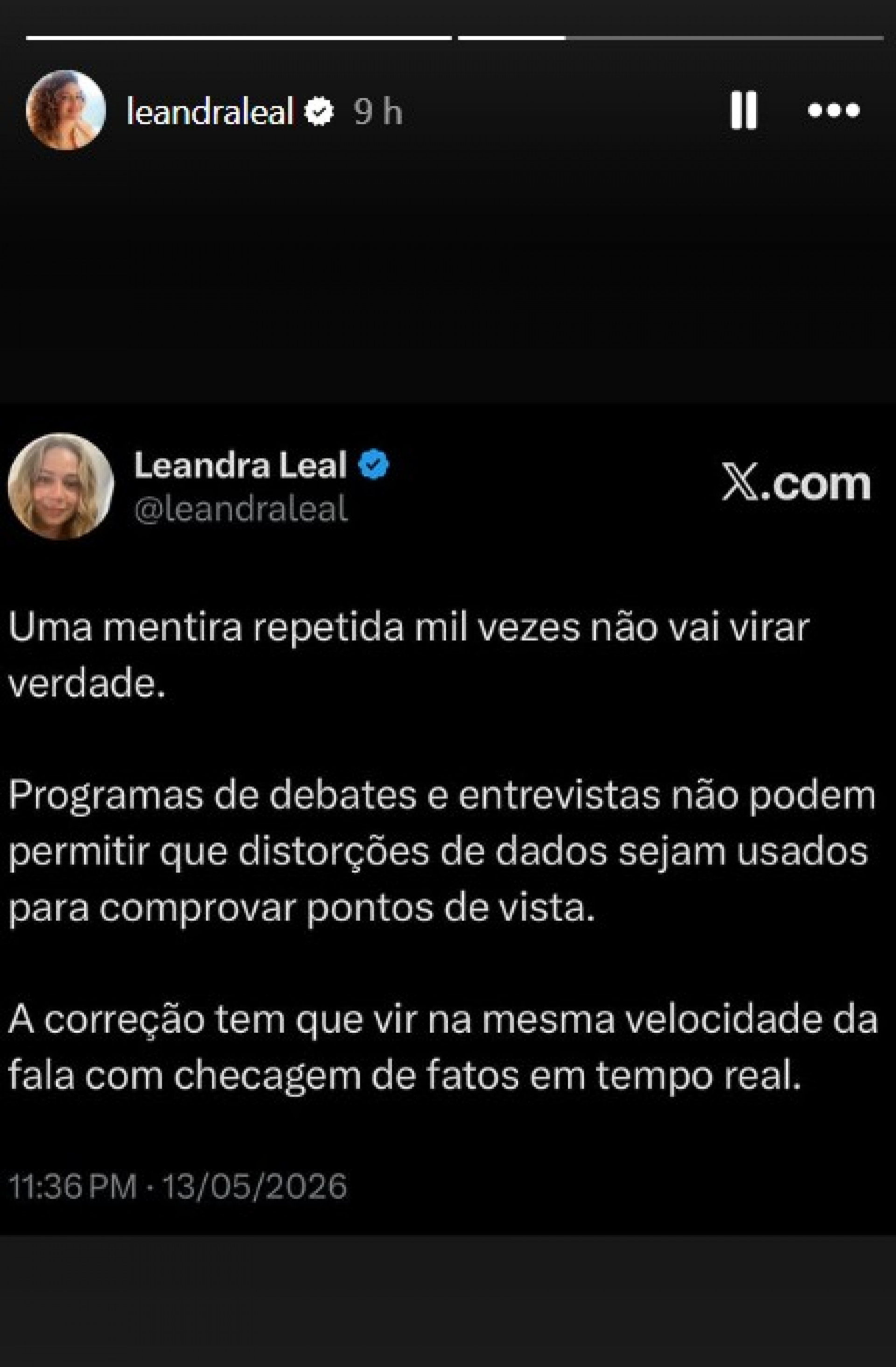 Story de Leandra Leal publicado ontem (13) - Reprodução / Instagram