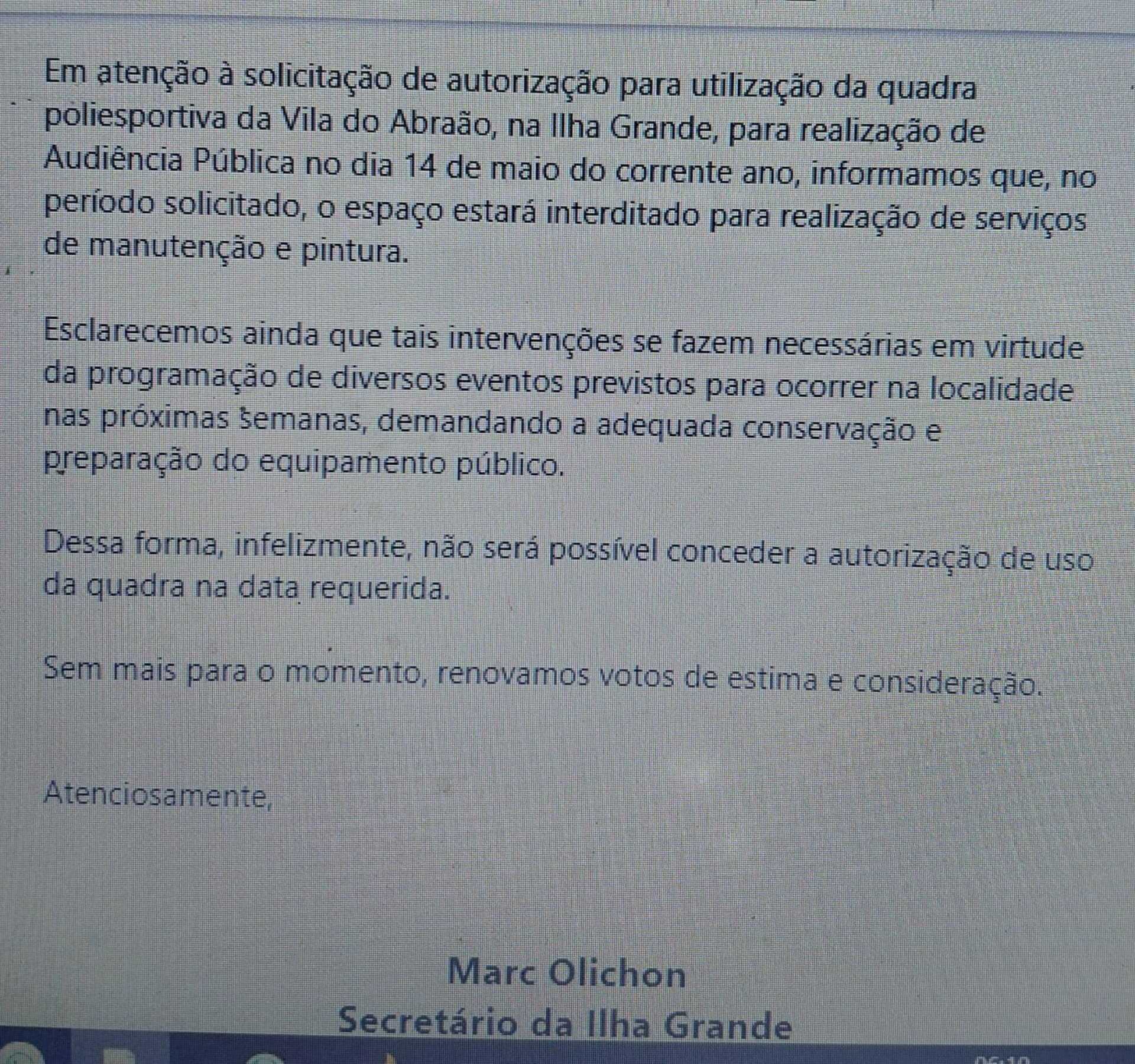 Motivo da mudan&ccedil;a no local da audi&ecirc;ncia p&uacute;blica da Alerj - Divulga&ccedil;&atilde;o/Associa&ccedil;&atilde;o de Hospedagem da Ilha Grande