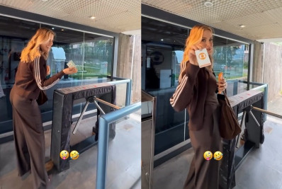 Ticiane Pinheiro se confunde com crachá em visita na TV Globo