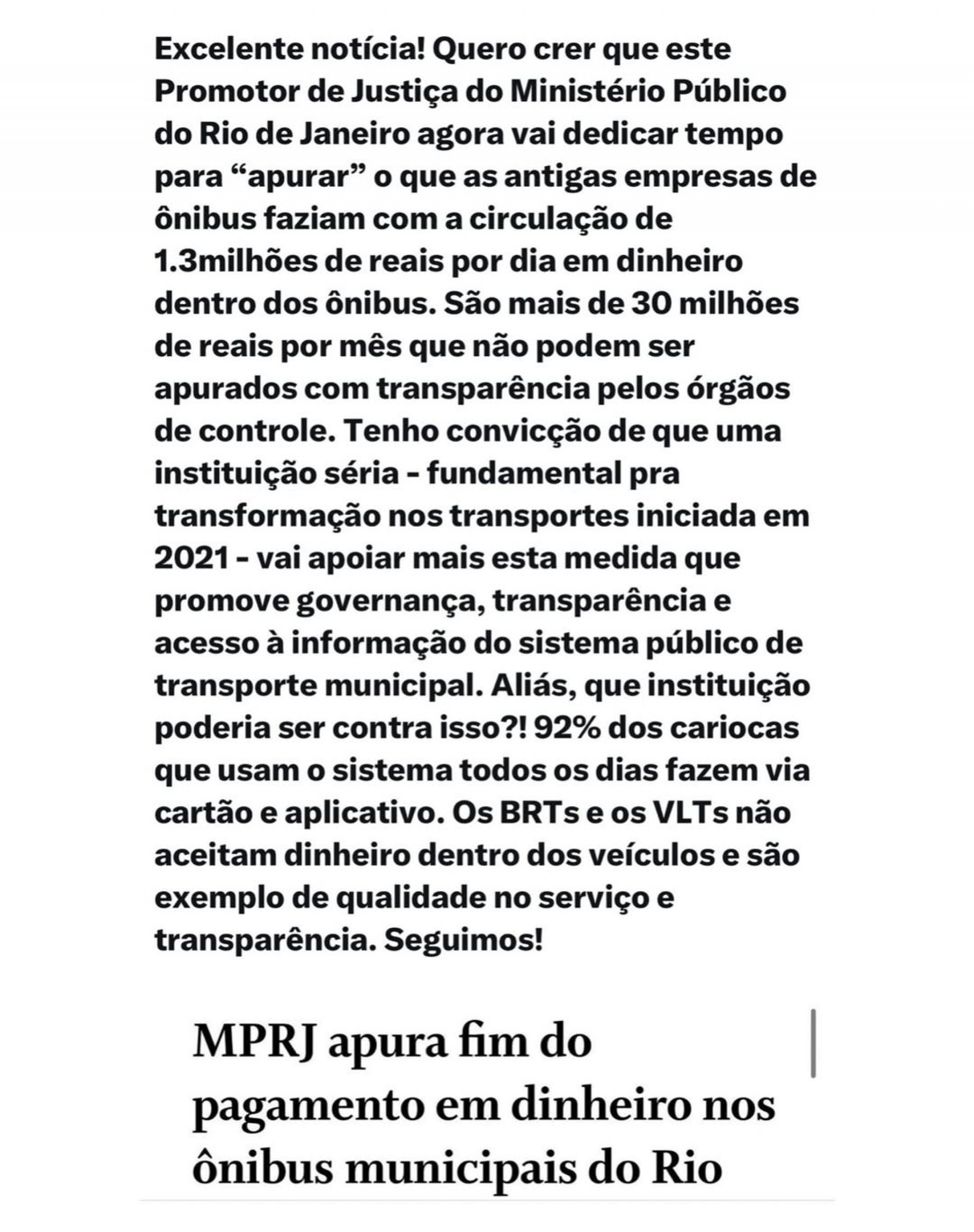 Prefeito do Rio, Eduardo Cavaliere ironiza investigação do MP sobre fim do pagamento em dinheiro nos ônibus - Reprodução / Instagram