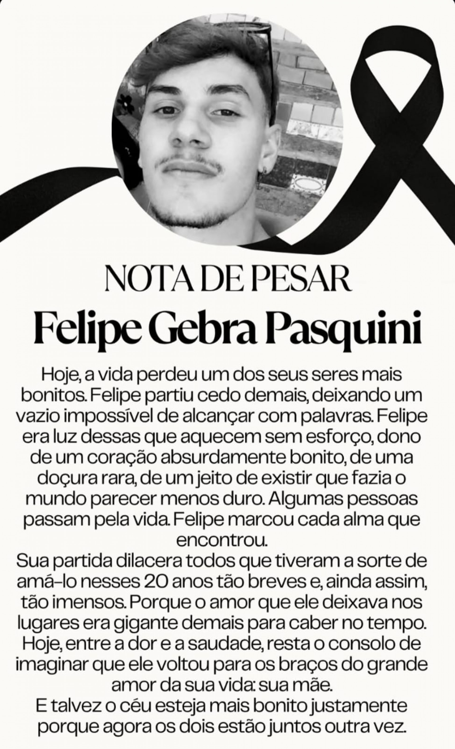 Nota de pesar divulgada pela fam&iacute;lia de Felipe  - Reprodu&ccedil;&atilde;o / Instagram