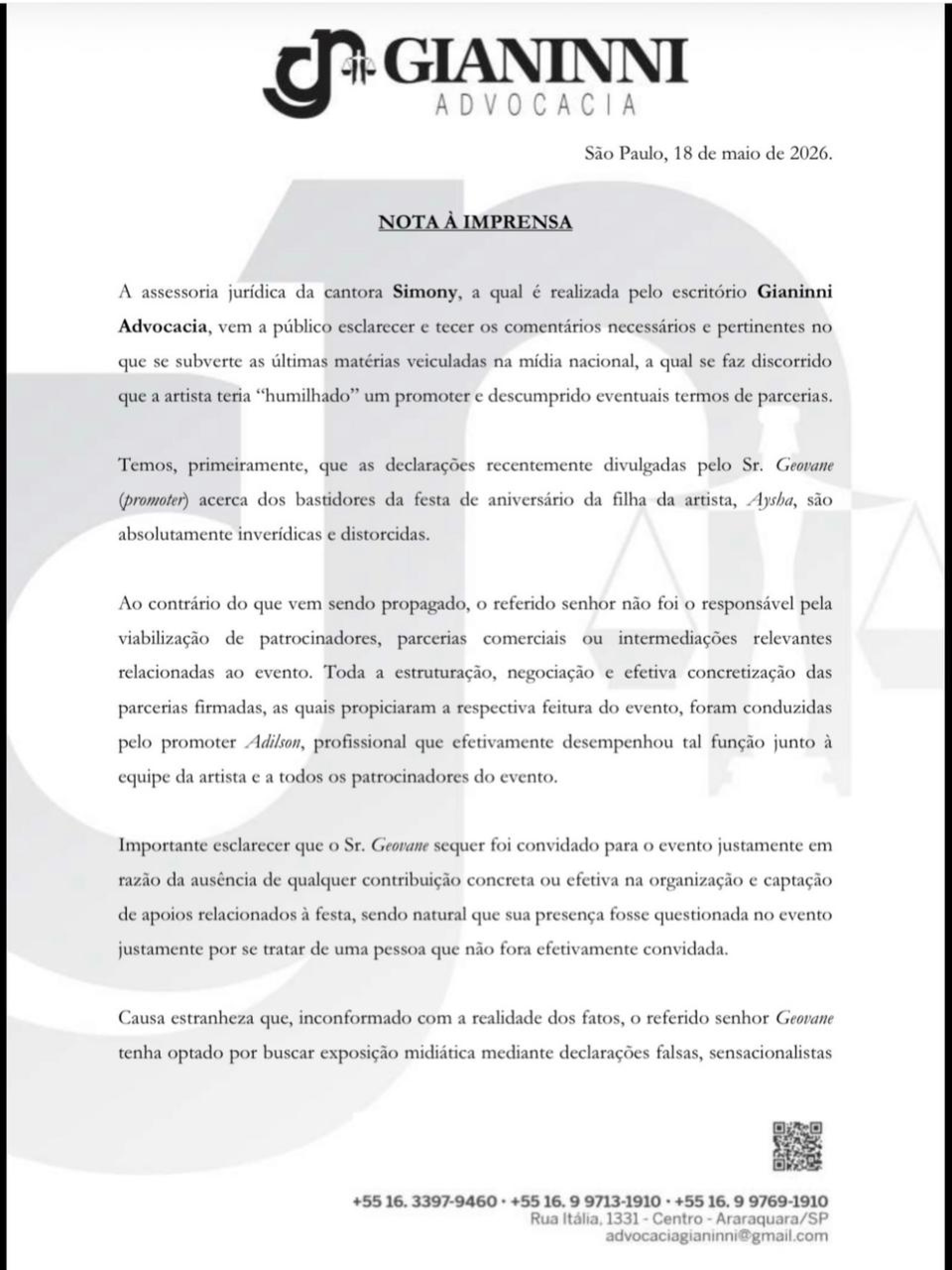 Comunicado divulgado por Simony nas redes sociais diverge de relatos sobre quem intermediou a parceria do evento - Foto: Redes sociais/ Reprodução