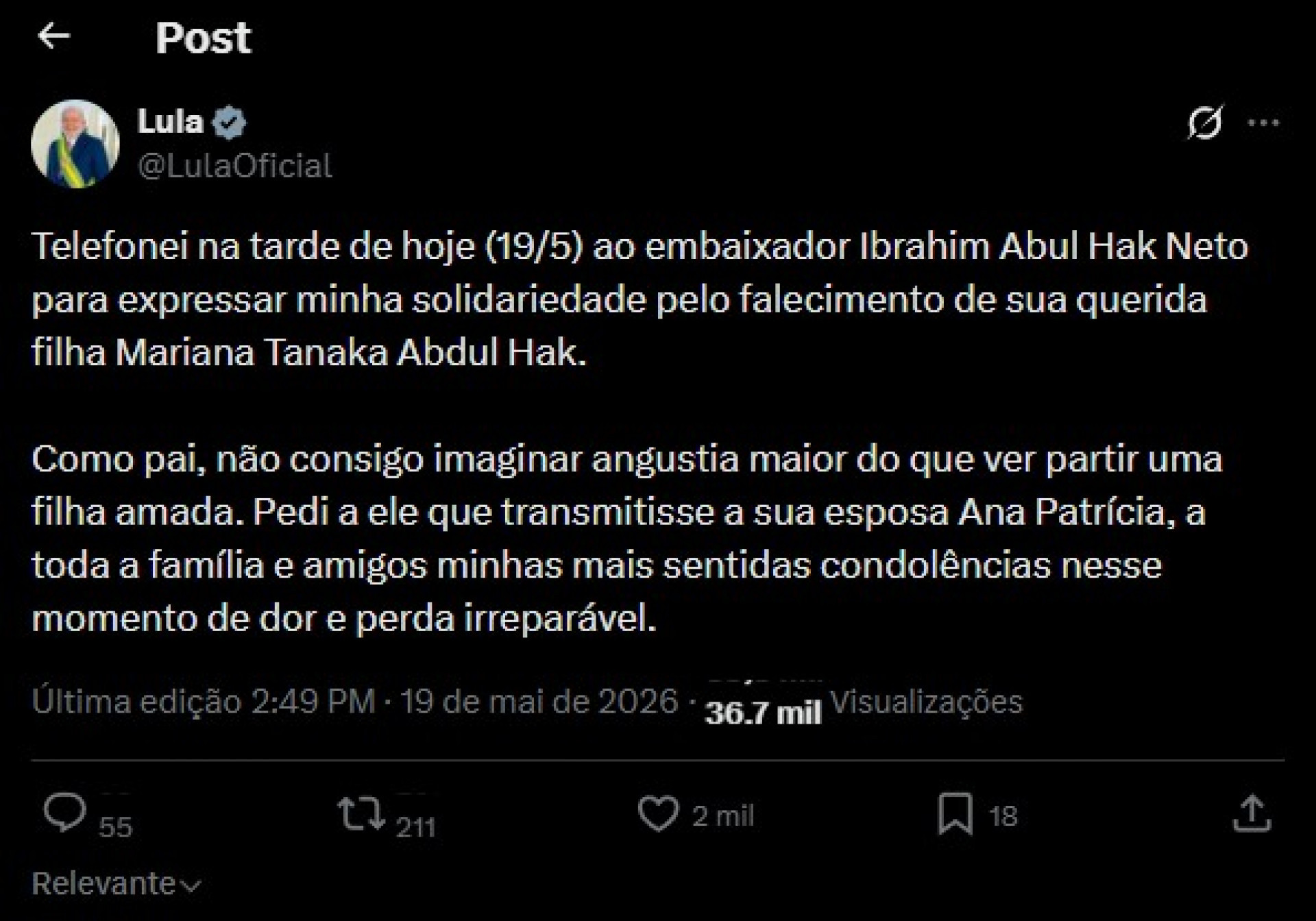 Lula presta solidariedade aos familiares e amigos de Mariana Tanaka Abdul Hak, jovem que morreu atropelada no Rio - Reprodução / X