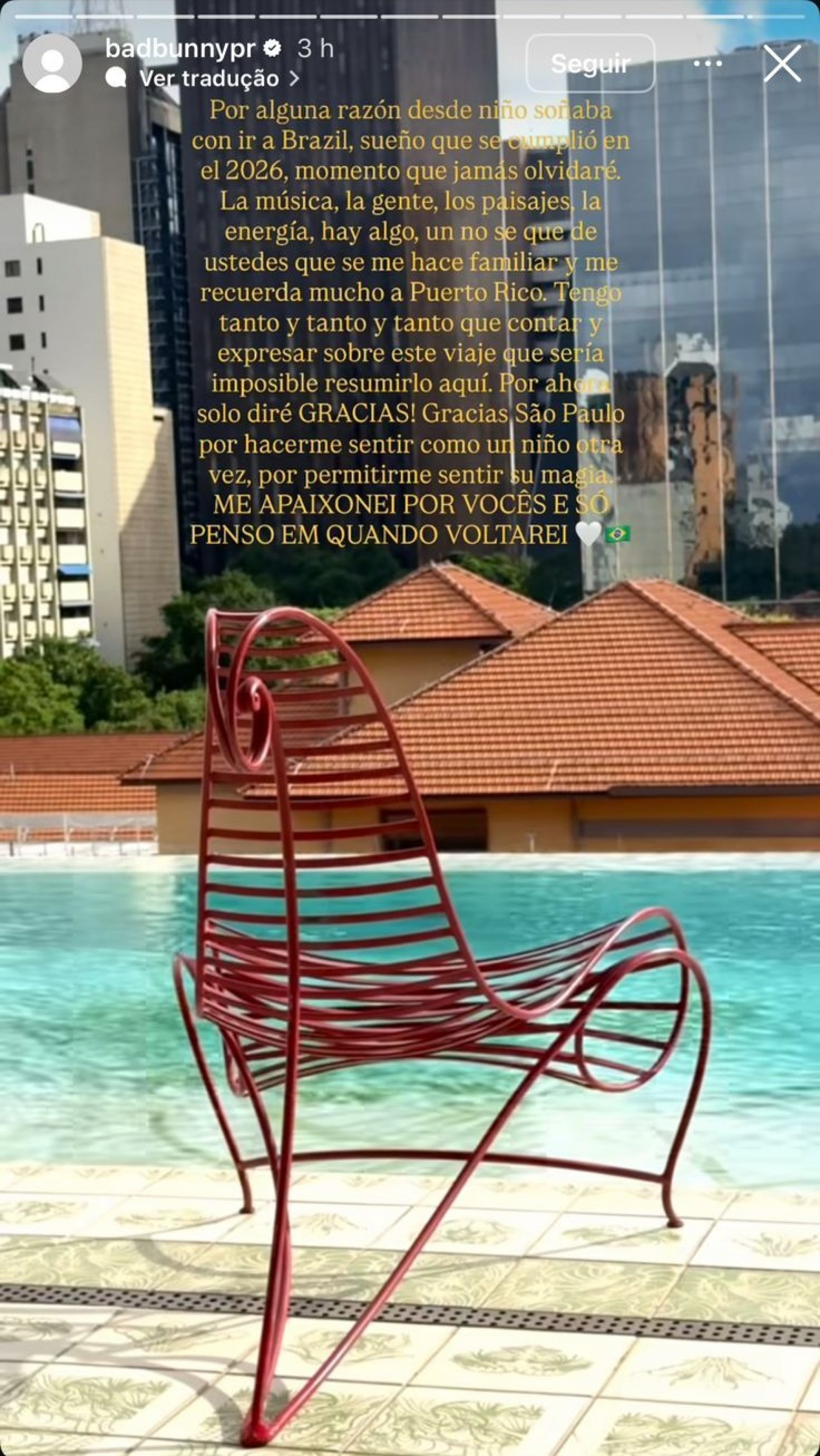 Bad Bunny relembra shows em S&atilde;o Paulo e se declara ao Brasil - Reprodu&ccedil;&atilde;o / Instagram