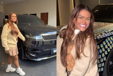 Camila Loures cola figurinhas da Copa do Mundo em carro de luxo do irmão