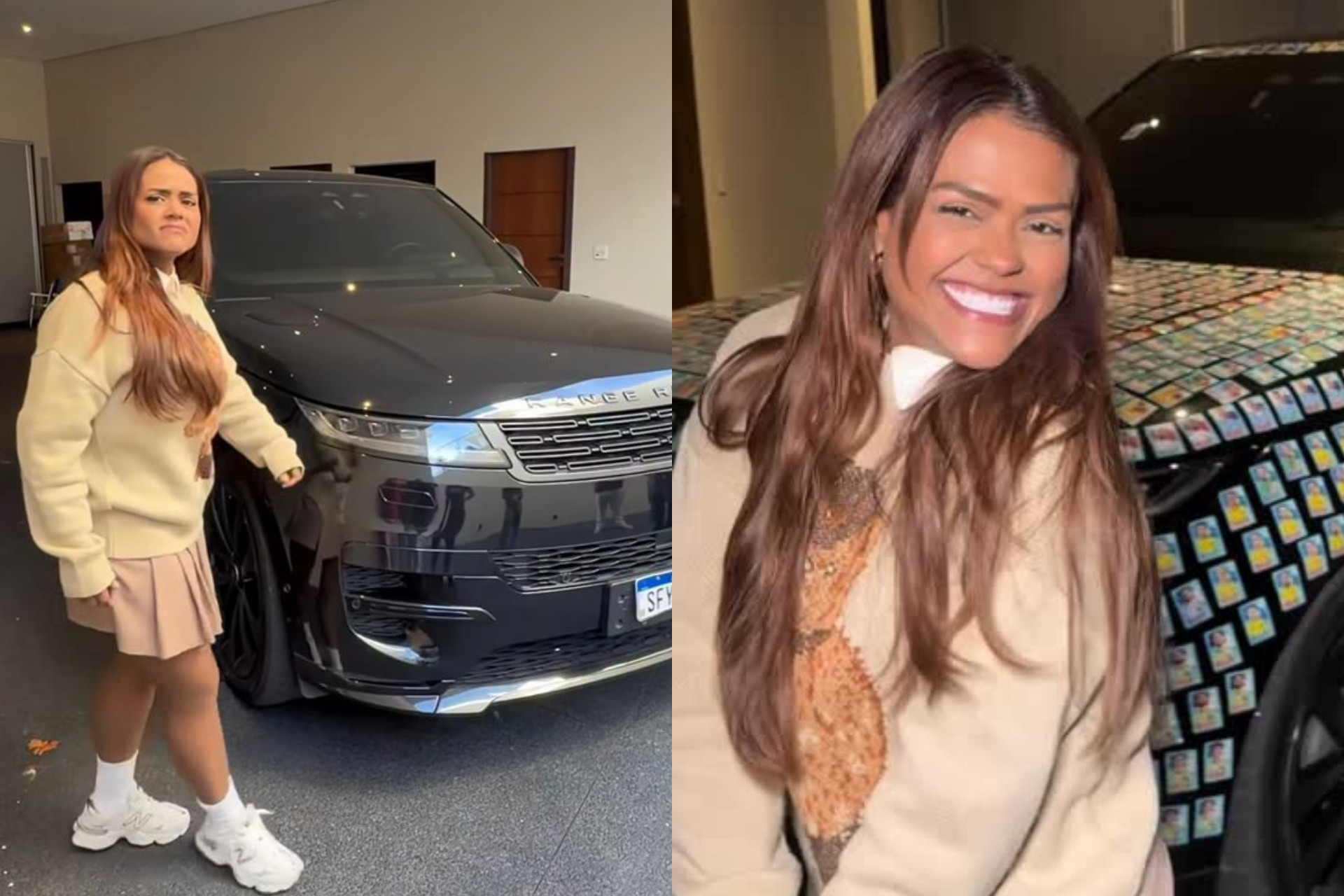 Camila Loures cola figurinhas da Copa do Mundo em carro de luxo do irmão