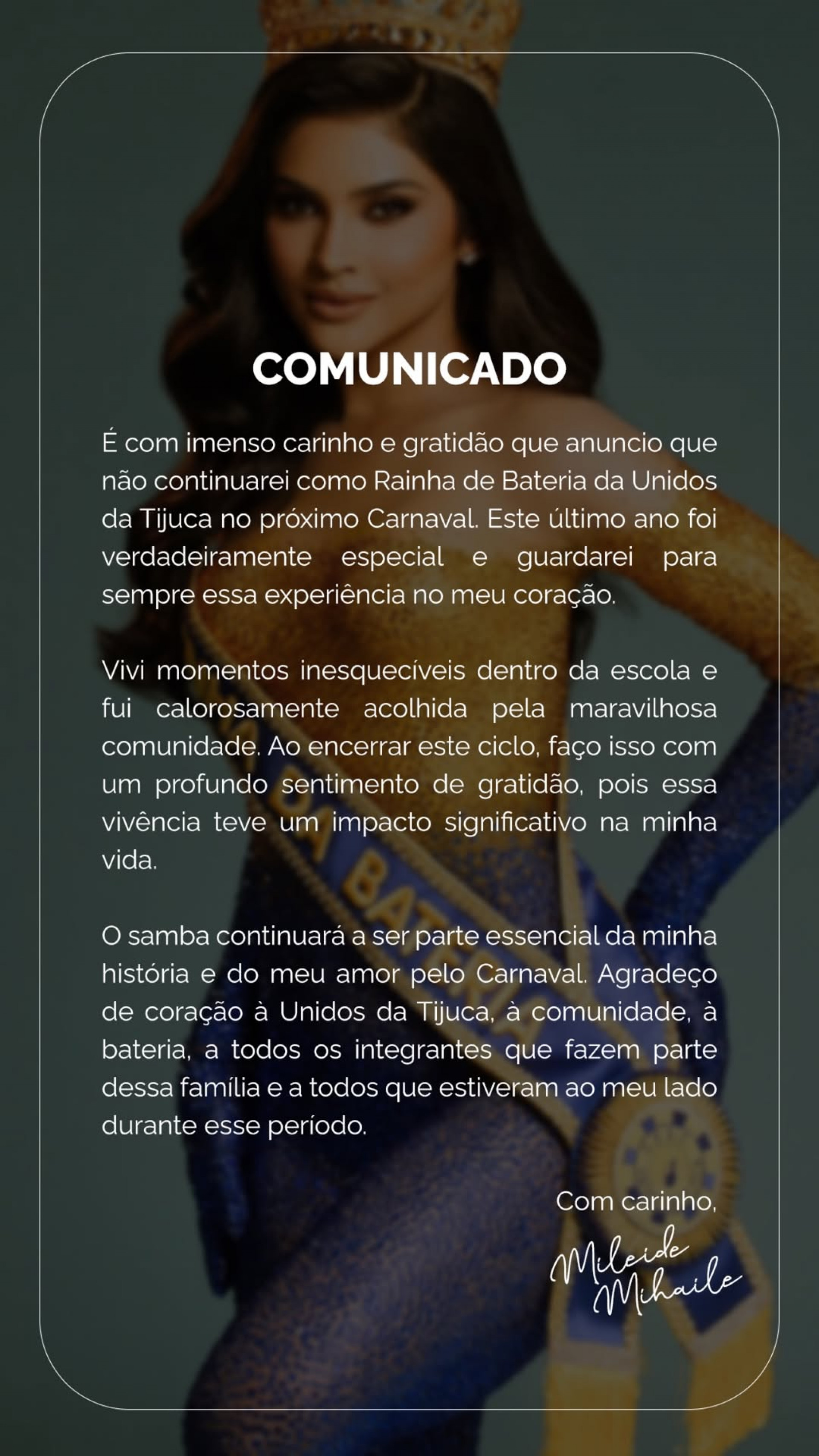 Mileide Mihaile se despediu da Unidos da Tijuca em publicação nas redes  - Reprodução/Instagram 