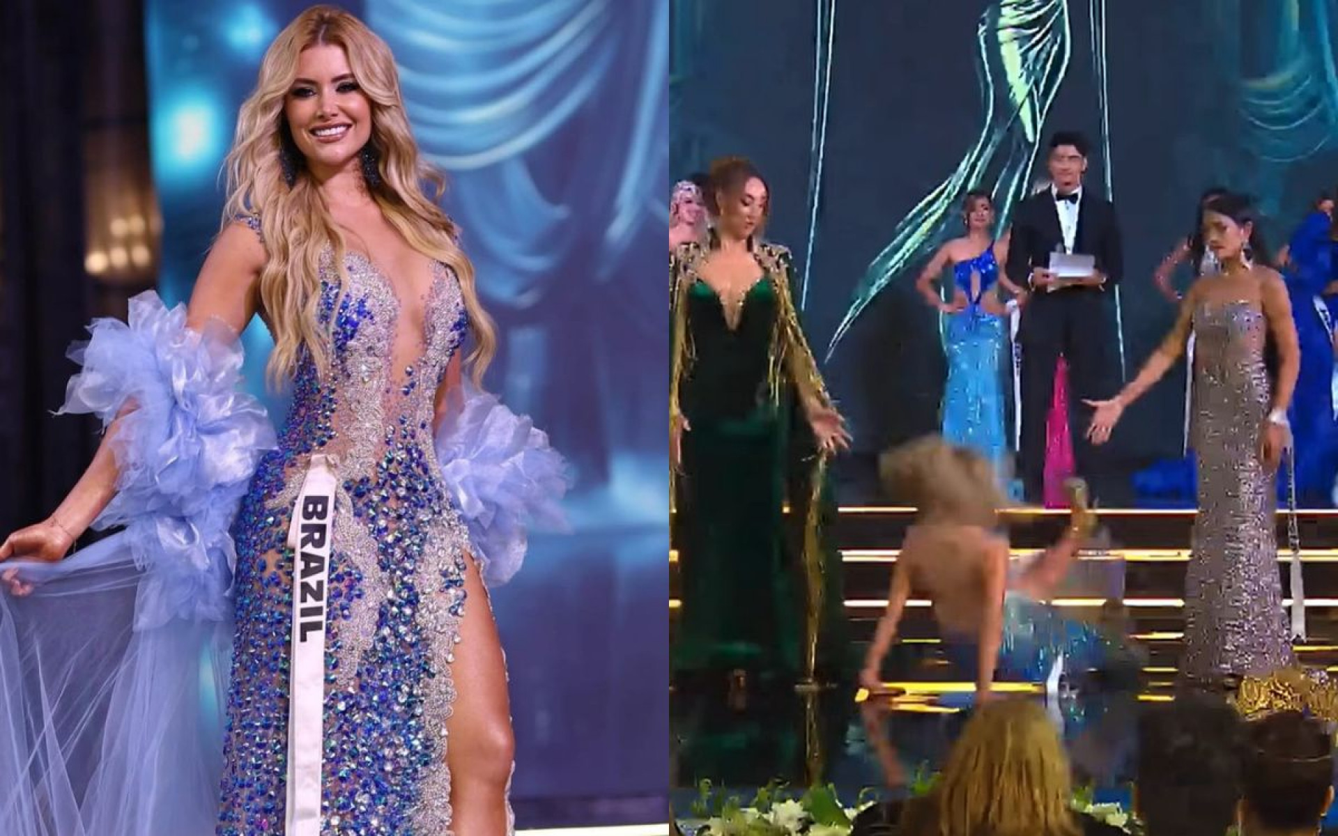 Joana Camargo levou um tombo no palco durante a final do Miss Eco Internacional
