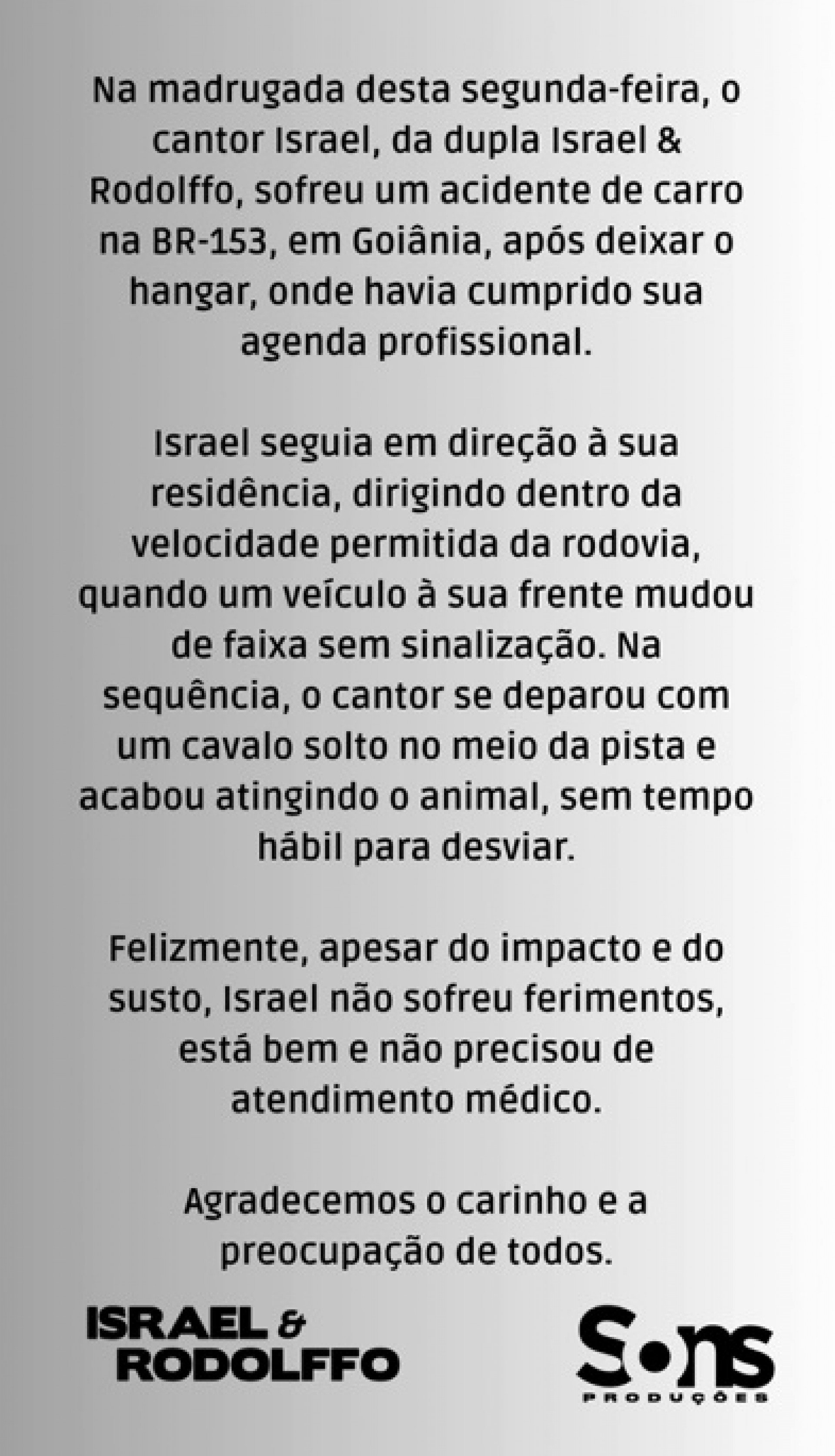 Equipe de Israel e Rodolffo atualizou estado de saúde do cantor - Reprodução/Instagram