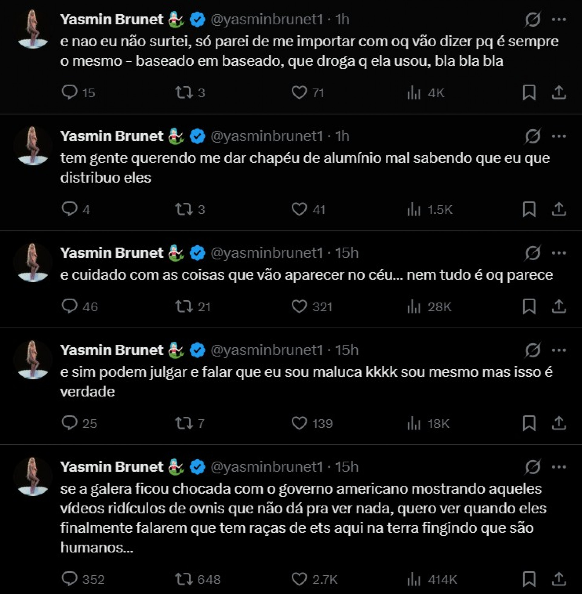 Yasmin Brunet diz que acredita na existência de Et's na Terra - Reprodução / X