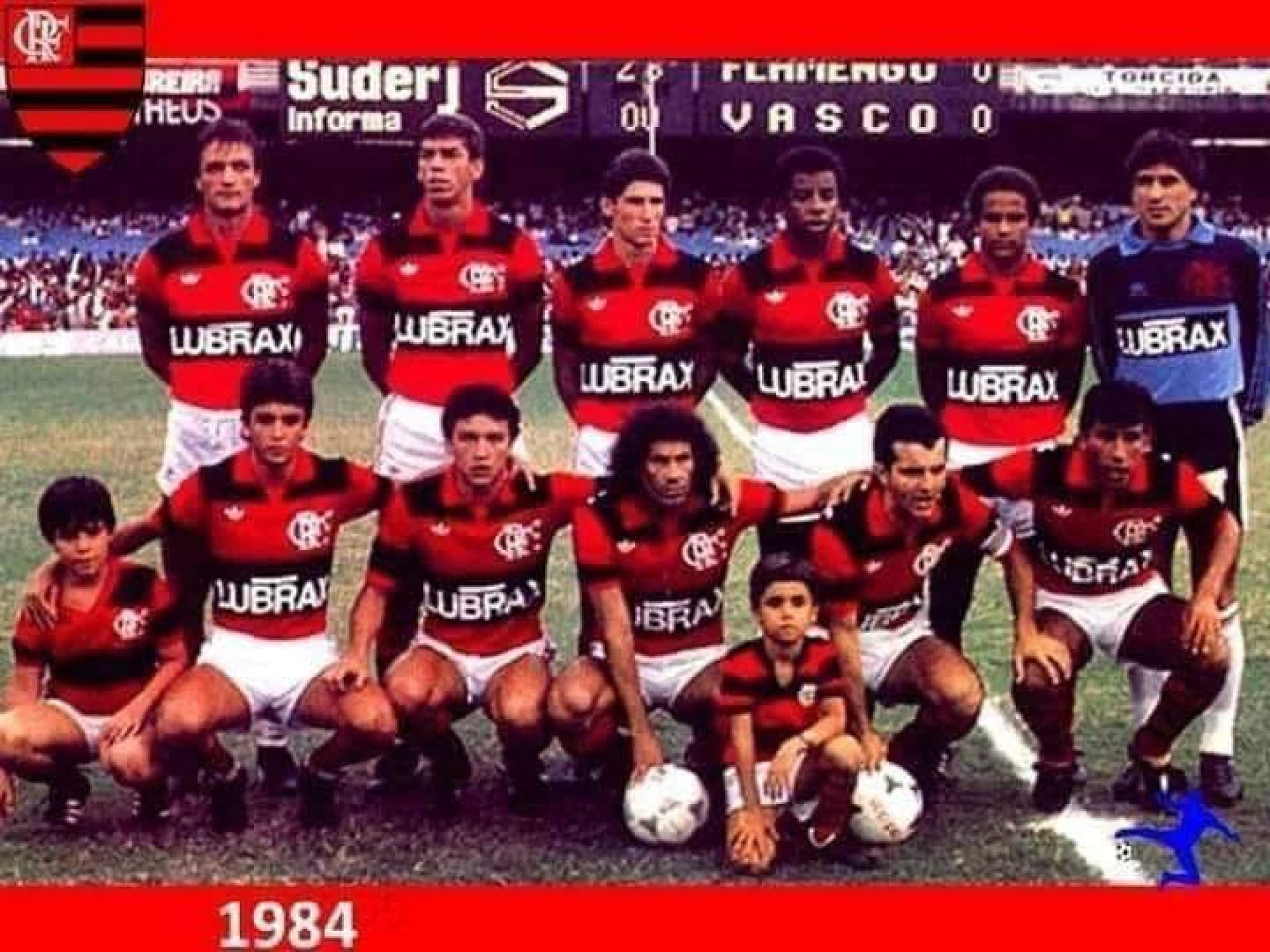 Uma das vers&otilde;es do Flamengo de 1984. Leandro, Mozer, Jorginho, Andrade, Adalberto e Ubaldo Fillol, Bebeto, Elder, Nunes, Tita e Gilmar. - Internet