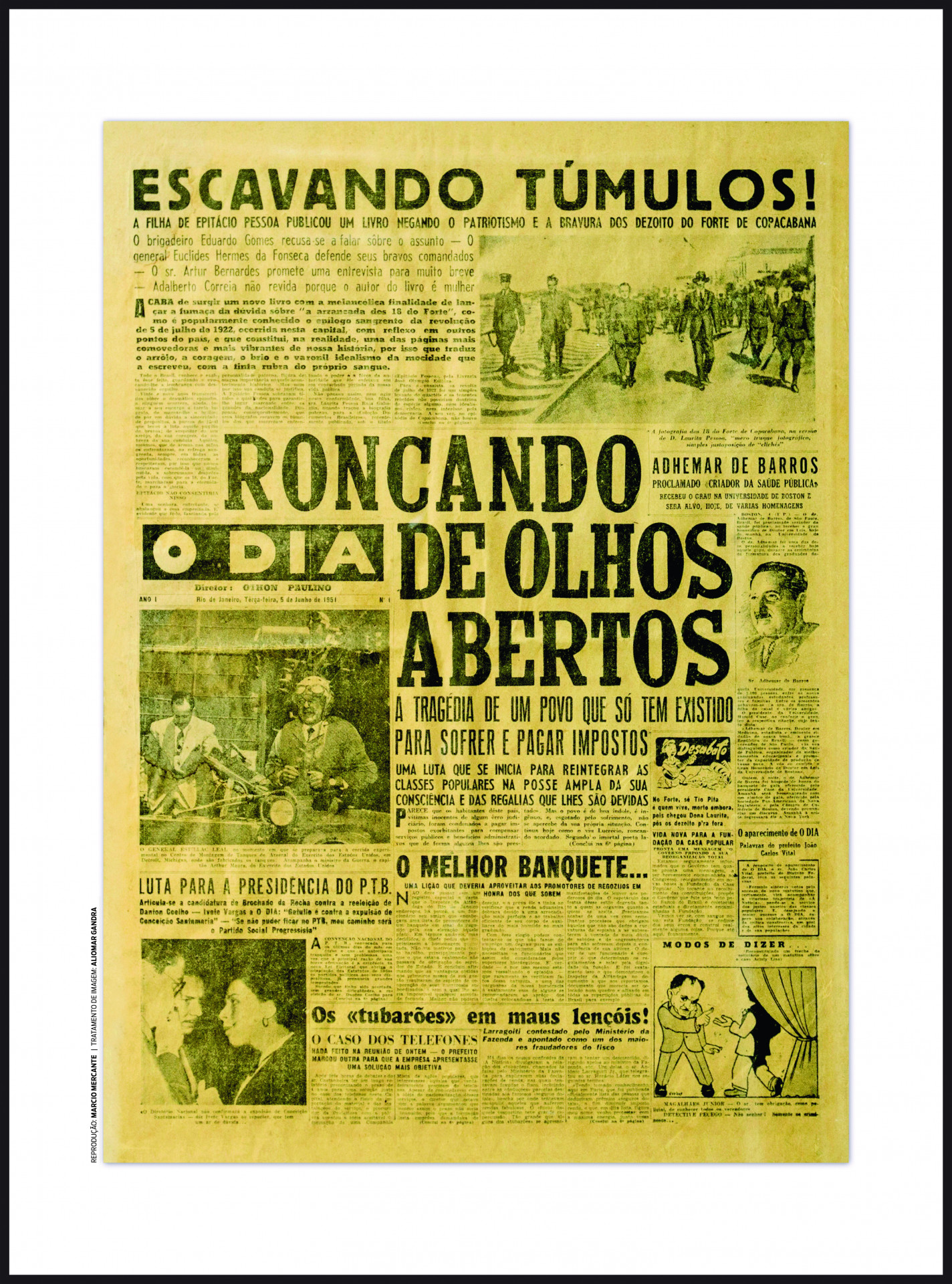 Hist&oacute;rica primeira capa de O DIA, publicada em 5 de junho de 1951 - Arquivo/ Jornal O Dia