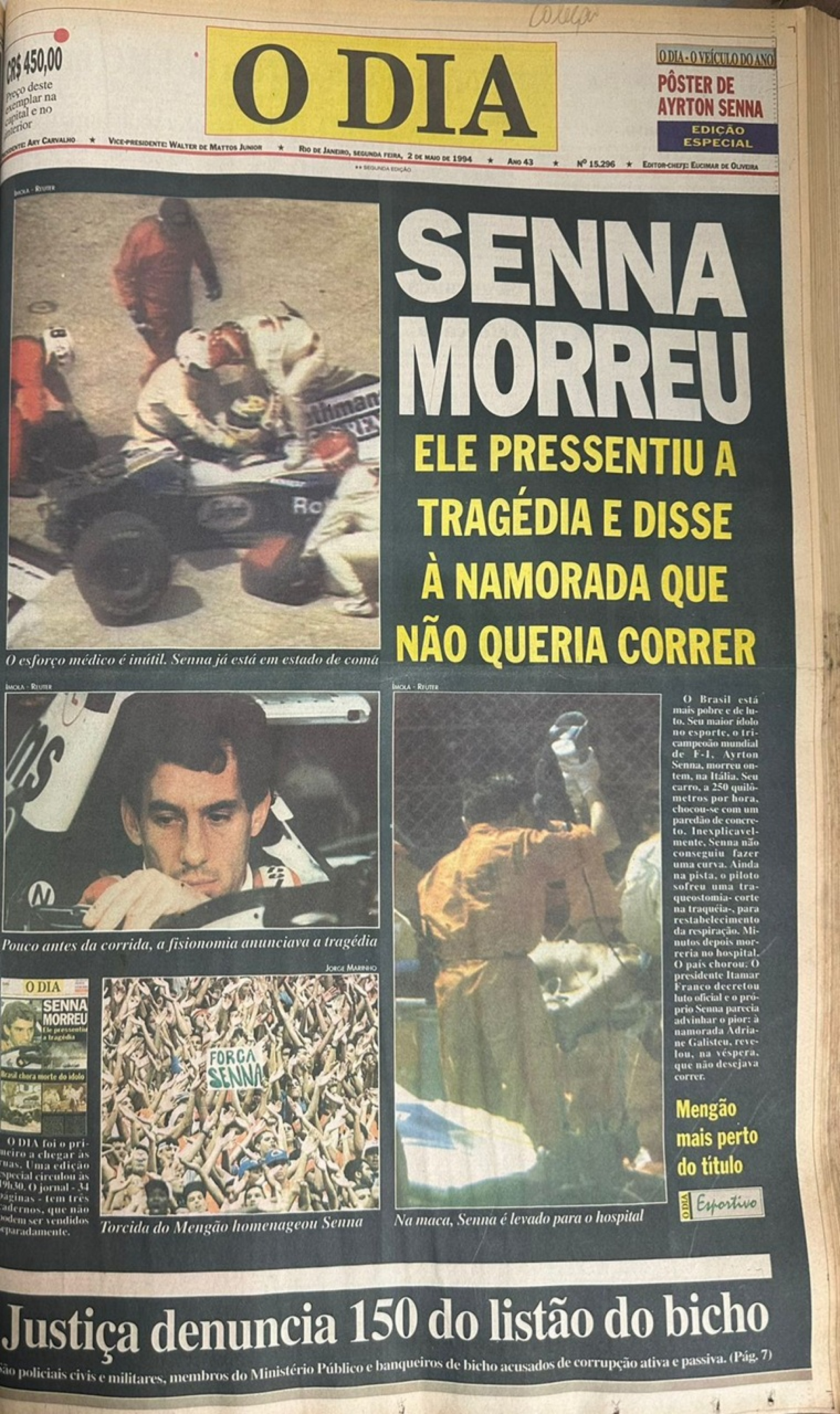 Capa de 2 de maio de 1994 sobre a morte de Ayrton Senna, no dia anterior - Arquivo/ Jornal O Dia