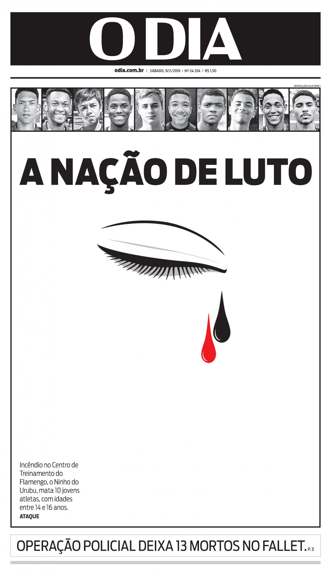 Incêndio no Ninho do Urubu foi capa em 9 de fevereiro de 2019 - Arquivo/ Jornal O Dia