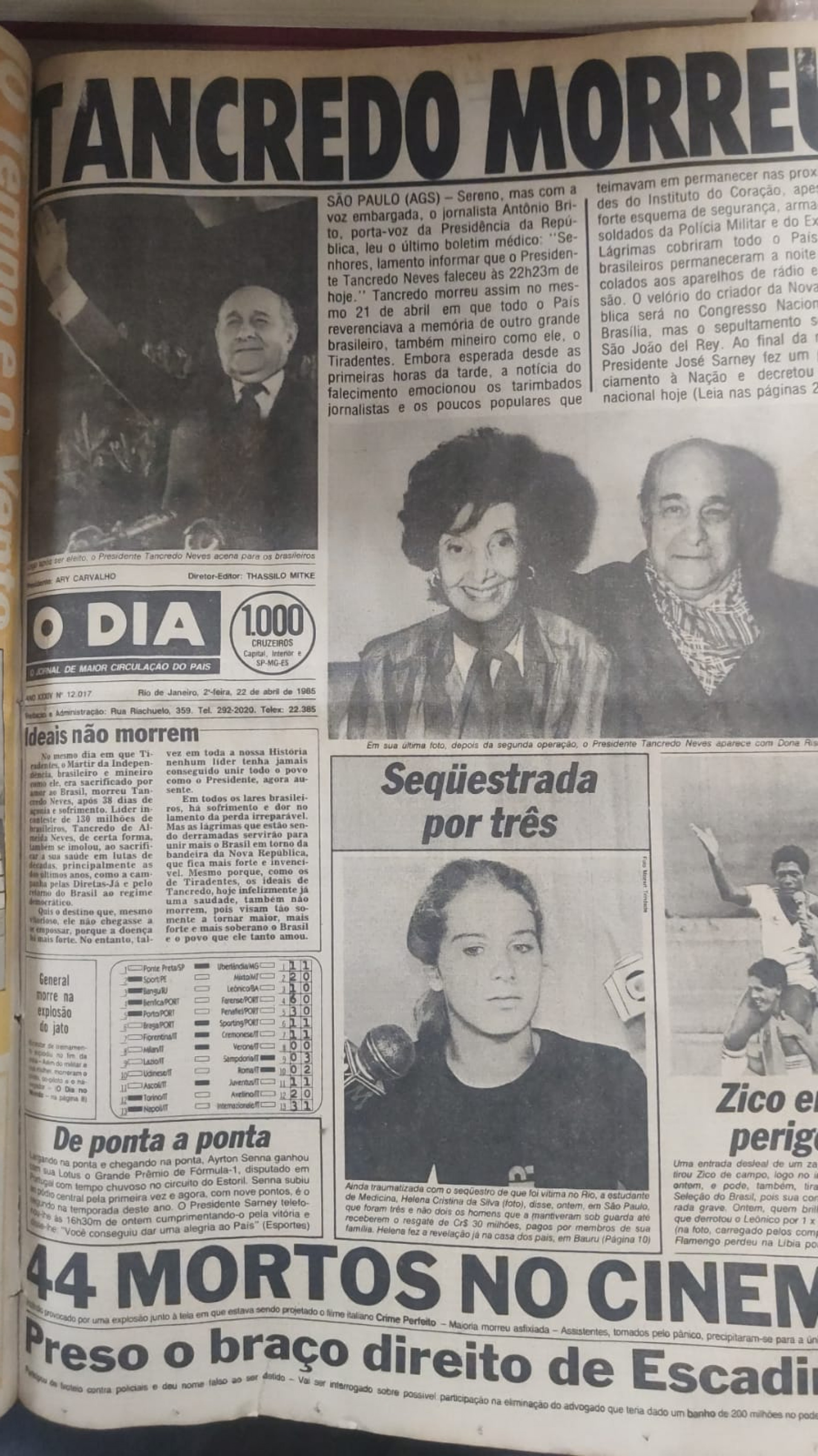 Capa sobre a morte de Tancredo Neves, em 1985 - Arquivo / Ag&ecirc;ncia O Dia