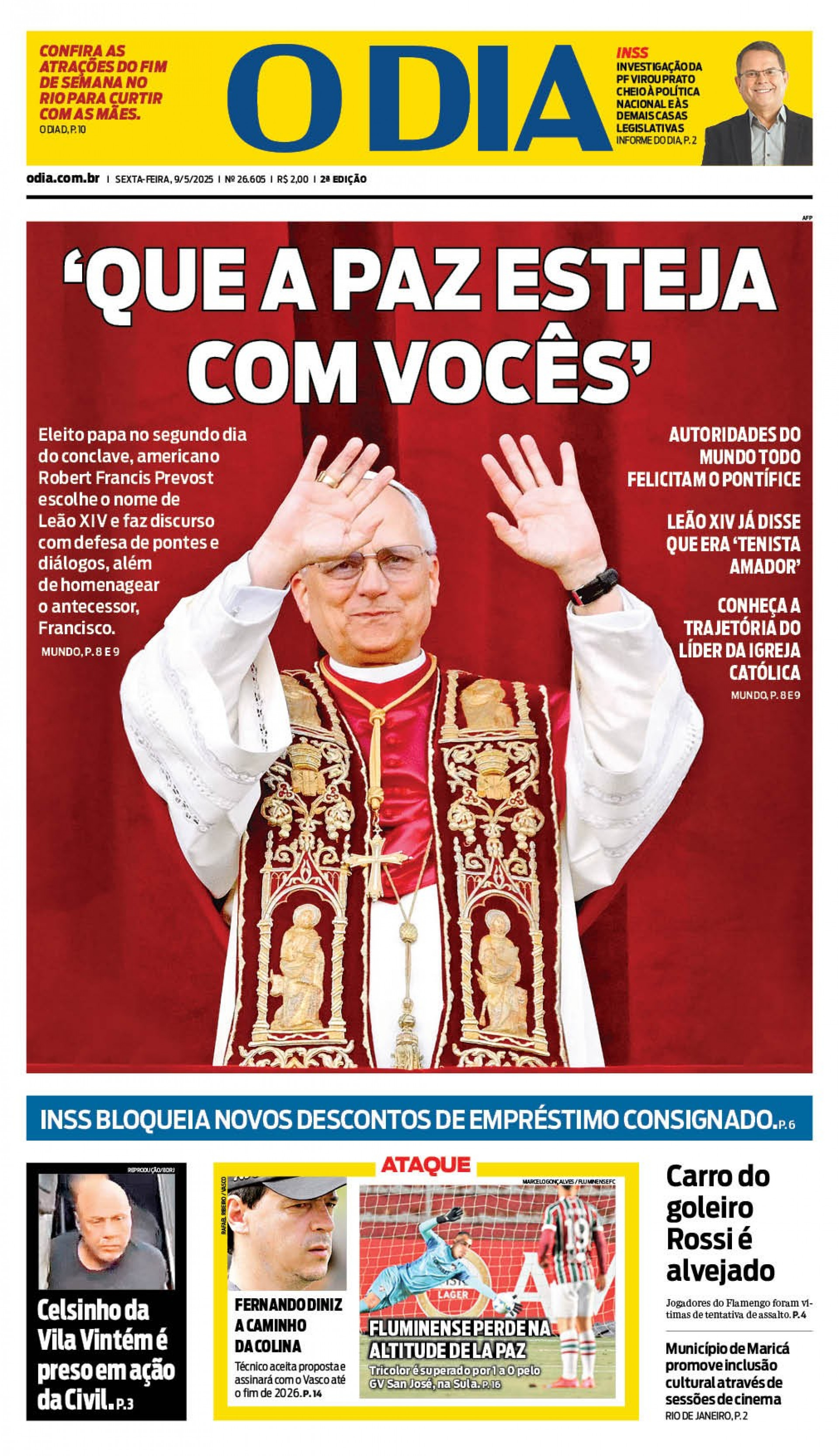 O anúncio de Leão XIV com novo papo mereceu destaque na capa de 9 de maio de 2025 - Arquivo/ Jornal O Dia