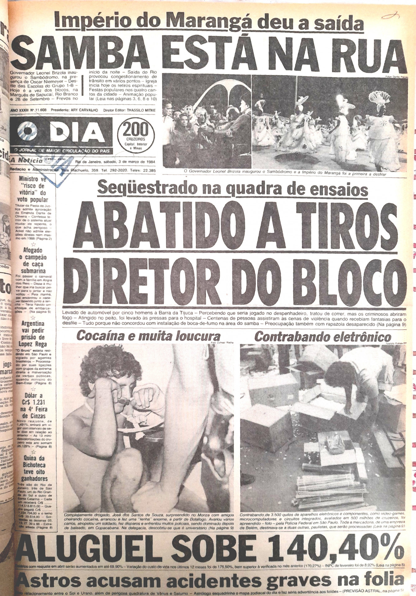 Em 3 de março de 1984, O Dia destacava na capa os primeiros desfiles da história do Sambódromo - Arquivo/ Jornal O Dia
