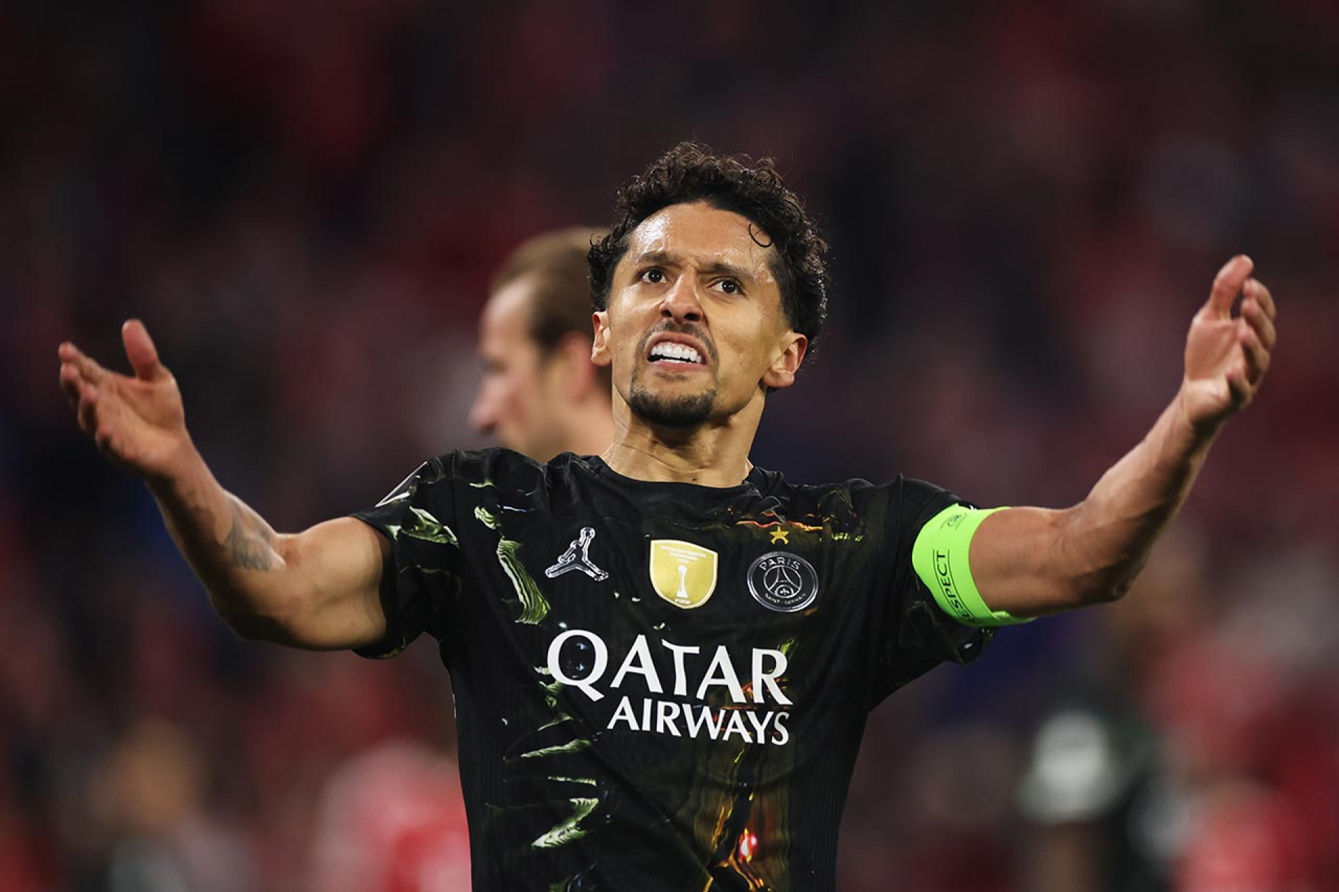 MUNICH, GERMANY - MAY 06: Marquinhos of Paris Saint-Germain reacts during the UEFA Champions League 2025/26 Semi Final Second Leg match between FC Bayern M&uuml;nchen and Paris Saint-Germain at Football Arena Munich on May 06, 2026 in Munich, Germany. (Photo by Alex Grimm/Getty Images)