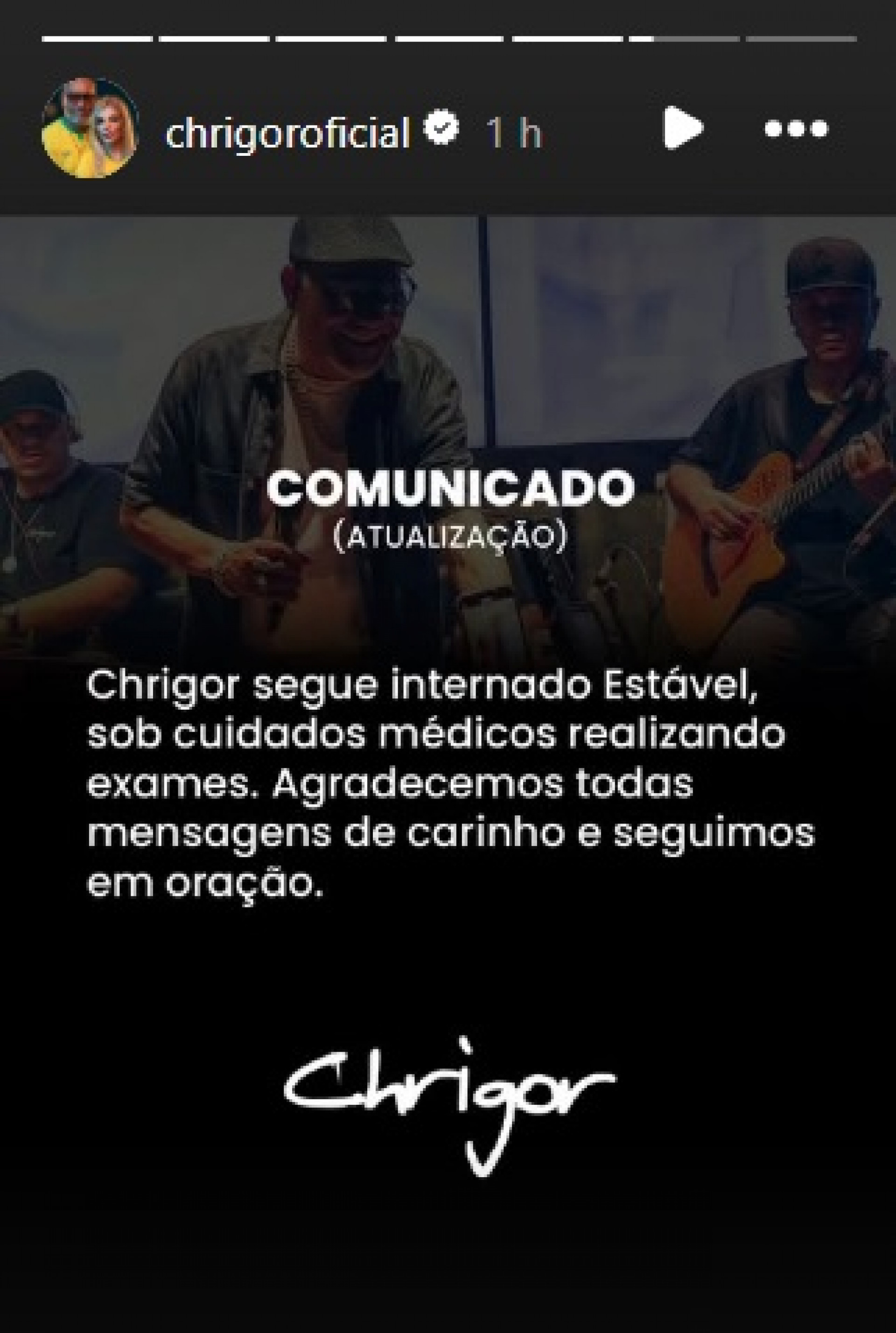 Equipe de Chrigor atualiza estado de saúde do cantor - Reprodução do Instagram