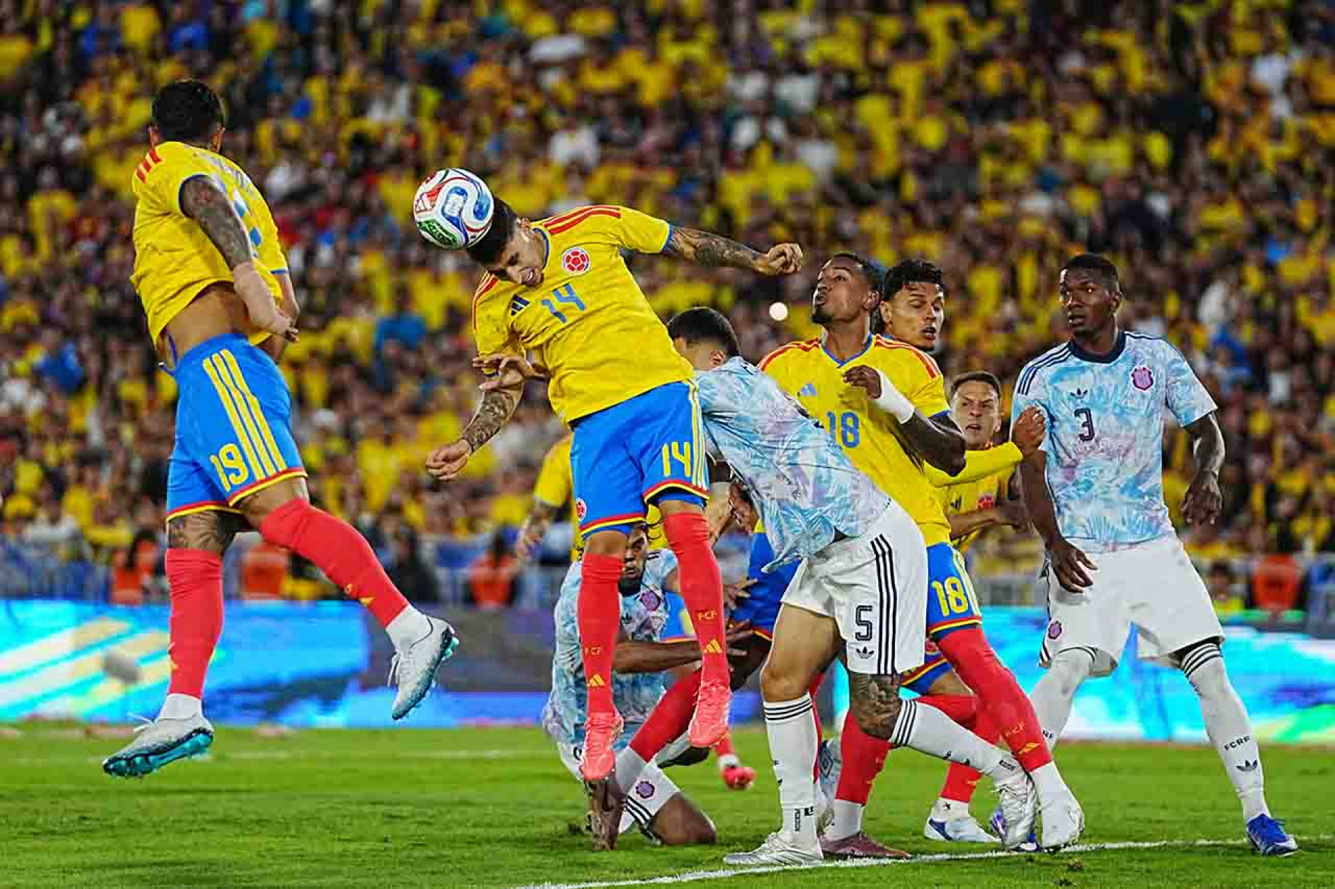 BOGOTA, COLOMBIA - JUNE 01: Gustavo Puerta of Colombia heads the ball during the international friendly match between Colombia and Costa Rica at Estadio El Campin on June 01, 2026 in Bogota, Colombia. (Photo by Andres Rot/Getty Images)