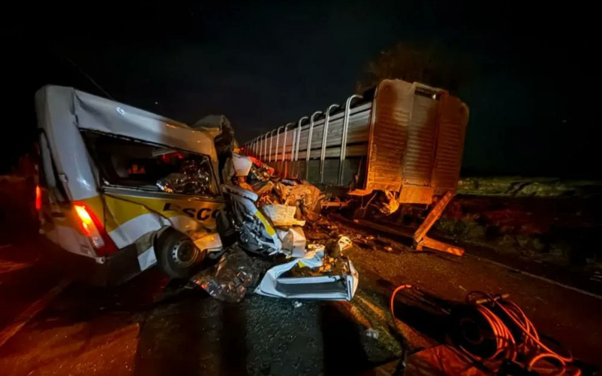 Van colidiu com caminhão que transportava gado